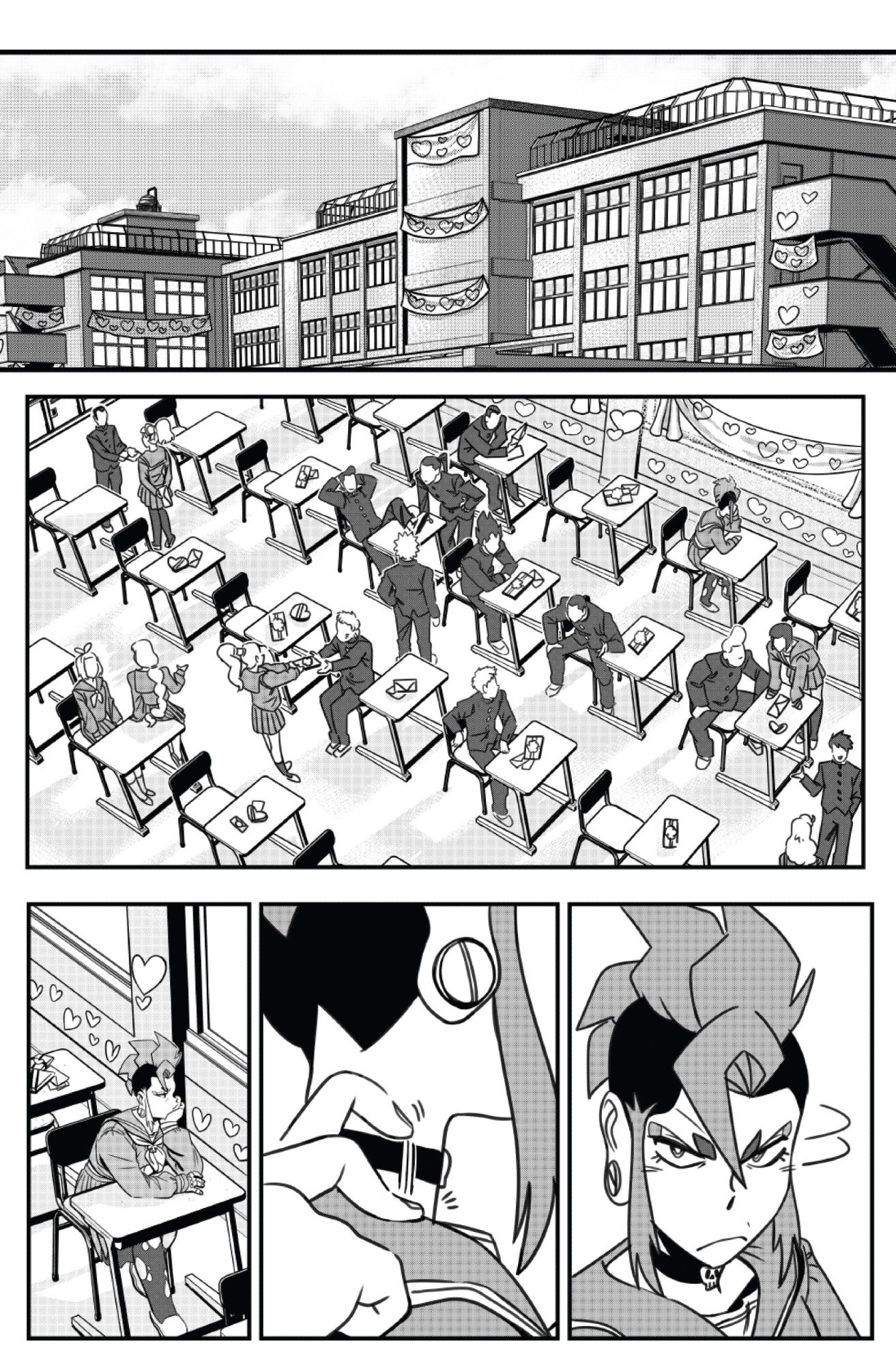 Page 11 of my 2019 Taka portfolio-- The final story. Exterior shot of a school. Then inside a classroom, students are all exchanging valentines cards, but Taka sits alone. Someone taps Taka on the shoulder, and she turns to see who it is.