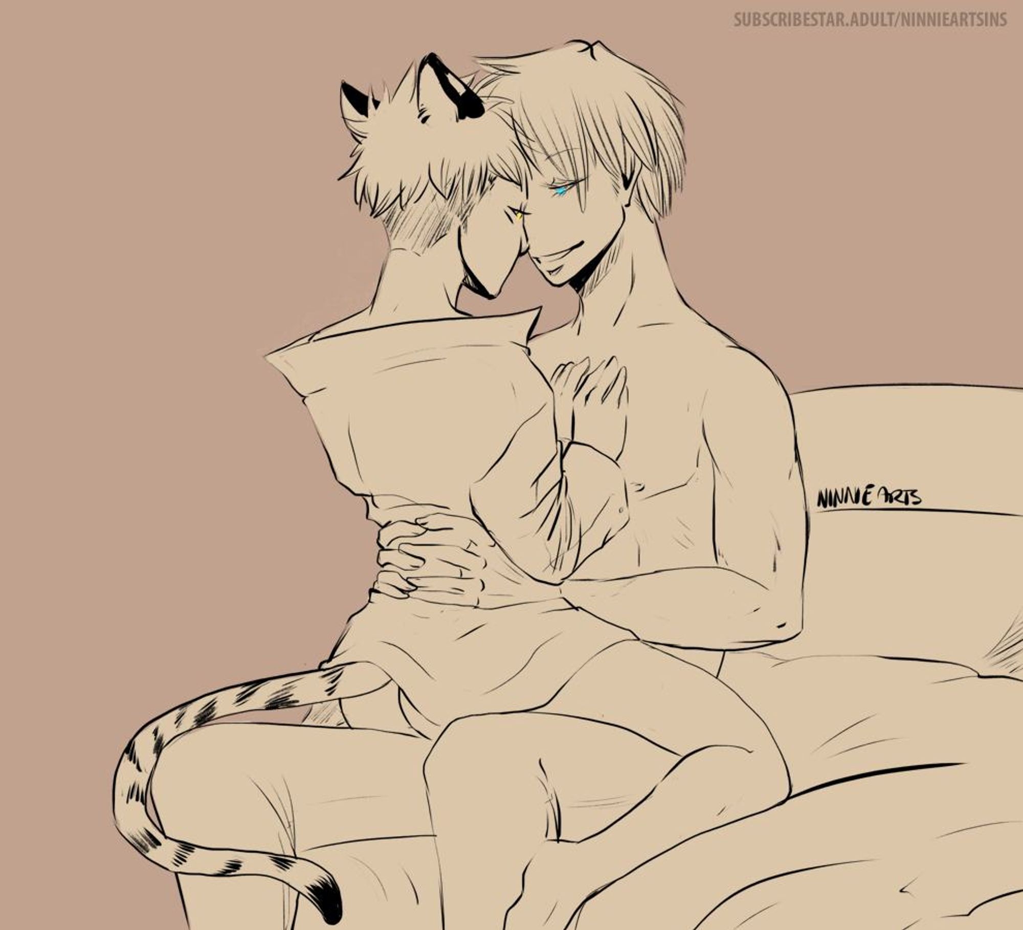 goyuu, with yuuji on satoru's lap. yuuji has tiger ears and a tail. he also wears a shirt, no pants; satoru's topless and wears pants.