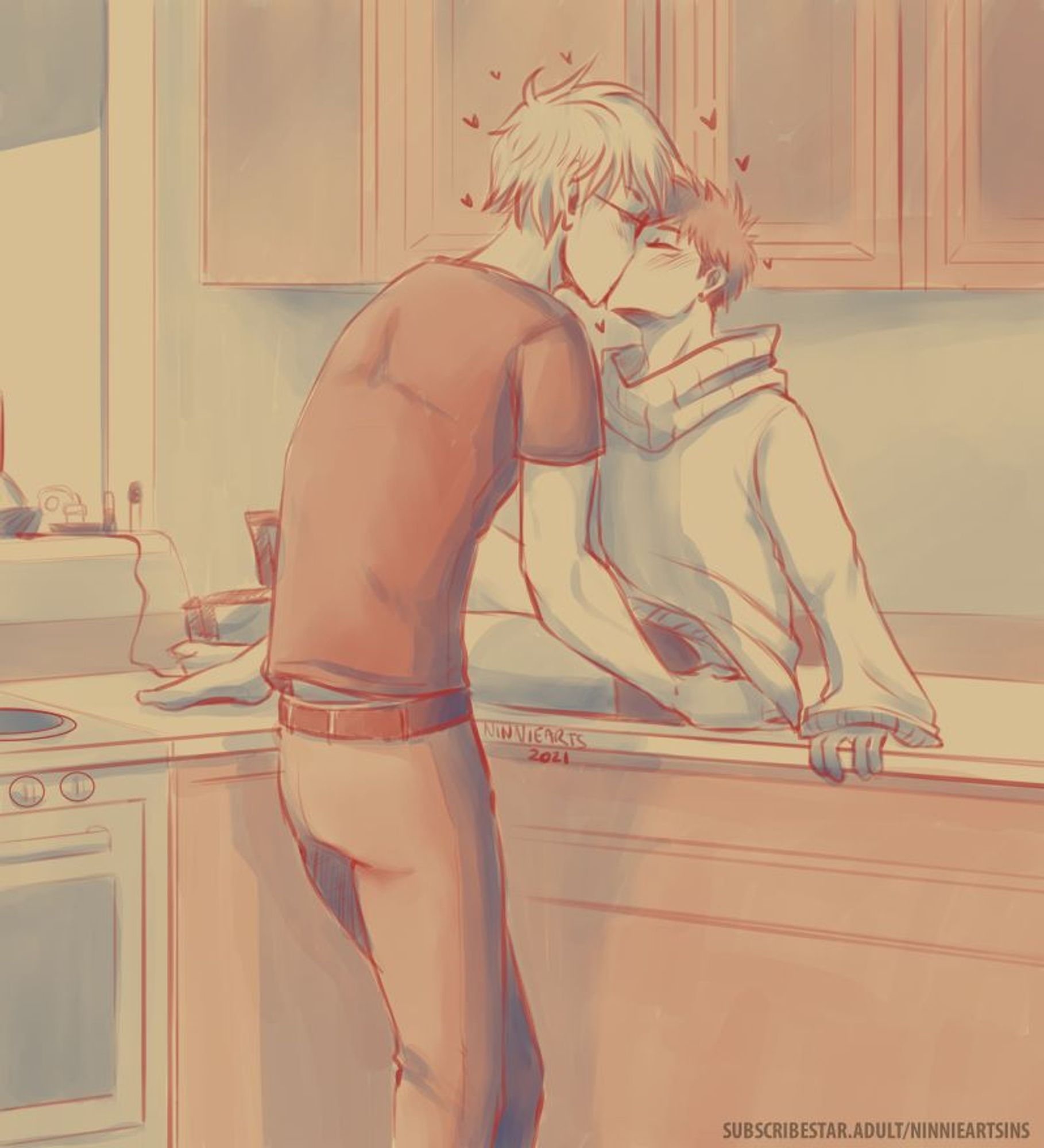 yuuji is dressed in a sweater and boxers, satoru's fully dressed. yuuji sits on a kitchen counter and satoru bends down to kiss him. satoru's hand is also slightly sneaking under the hem of yuuji's sweater, touching his hip.