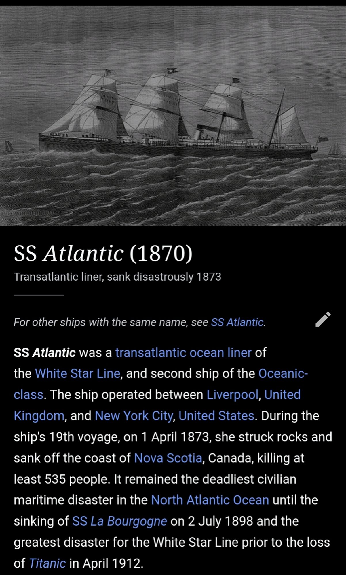 Wikipedia entry for the SS Atlantic ocean liner, lost off the coast of Nova Scotia in 1873