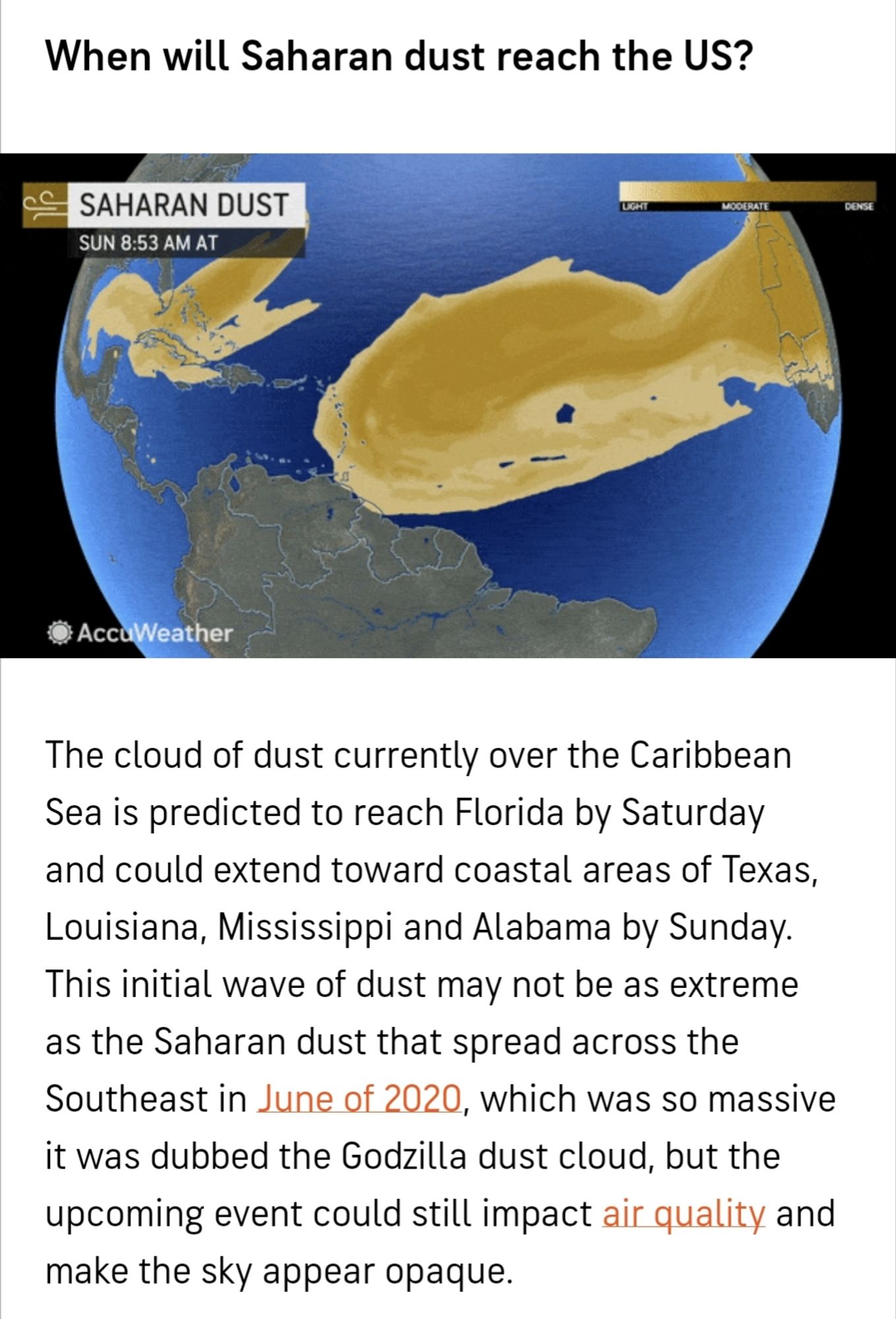 Screenshot of a news article displaying and talking about a Saharan dust cloud that is expected to reach the united States 