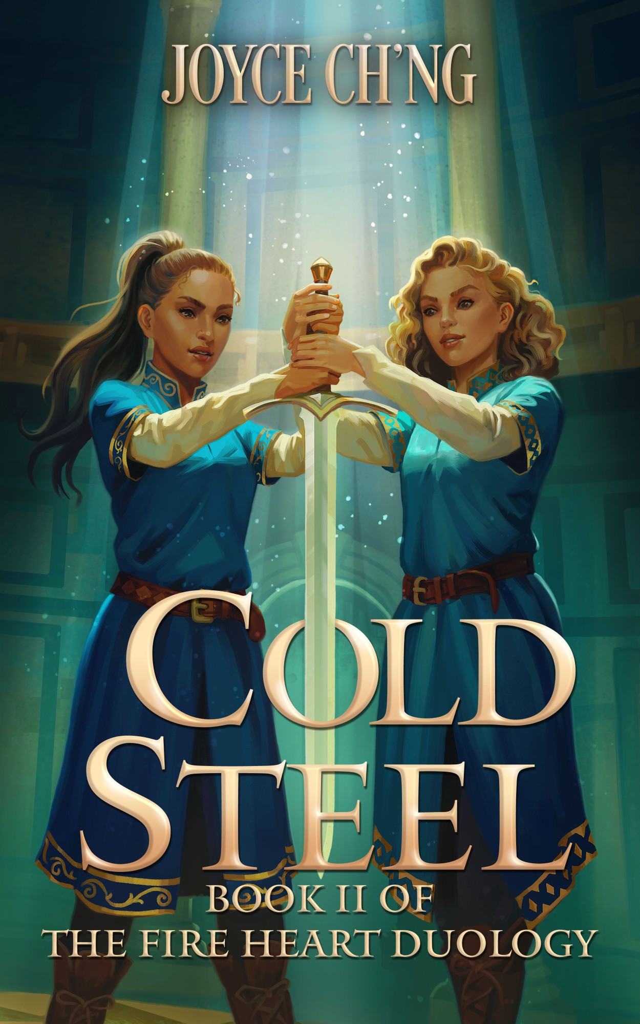 Cover of Cold Steel with Wehia and Geri holding the Council Sword while light streams from above. 