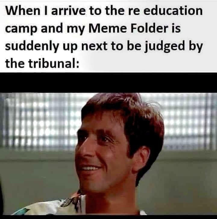 When arrive to the re education
camp and my Meme Folder is
suddenly up next to be judged by
the tribunal:

