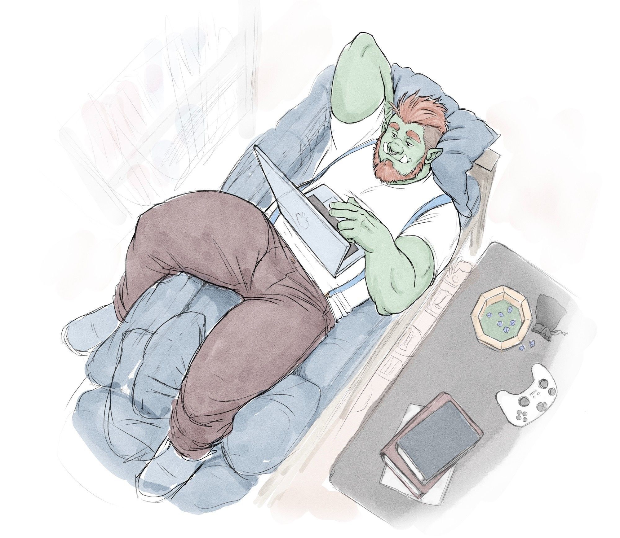 Drawing of an orc reclining on a comfy couch covered in pillows, reading with his laptop on his chest. In view is a side table with some books, a game controller, dice with tray and bag.