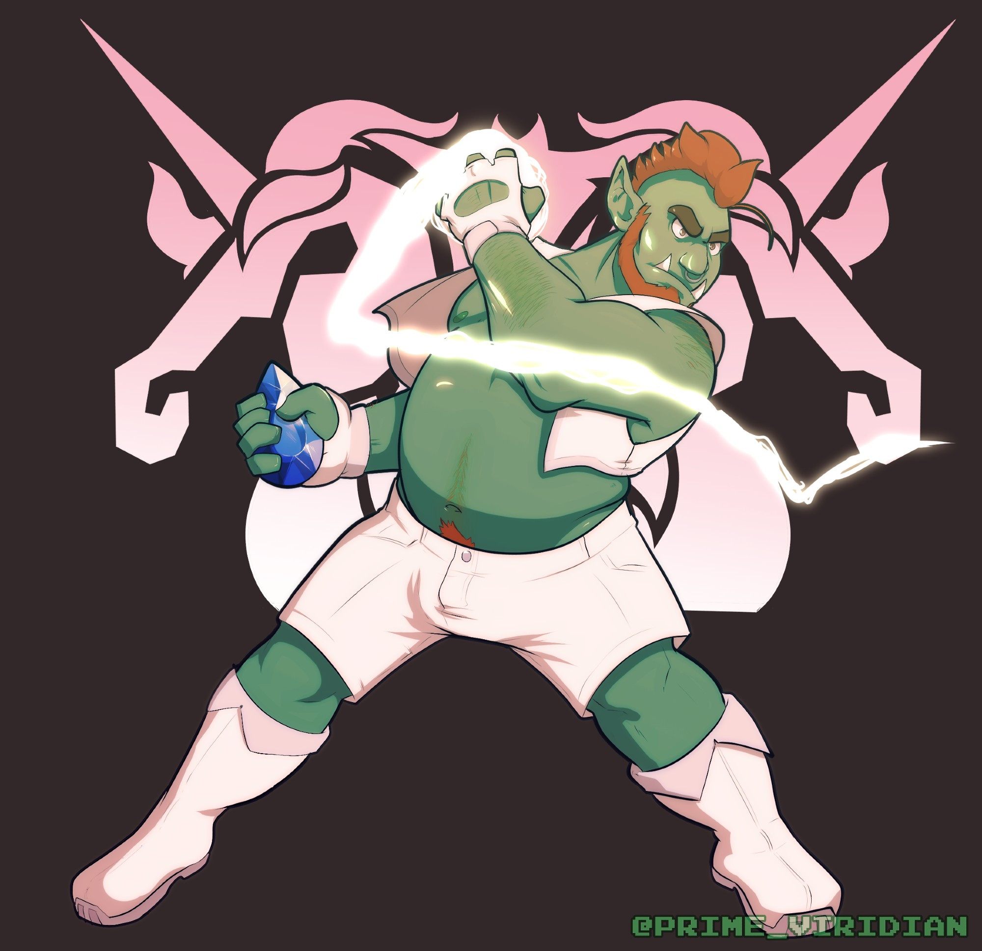 Painting of an orc with green skin and red hair. He has a beard and a mohawk, two prominent tusks, and is wearing a metal septum ring and a white outfit consisting of vest, shorts, boots, and gloves. He's holding a crystal and gathering energy. There's emblems of a unicorn in the background behind him.