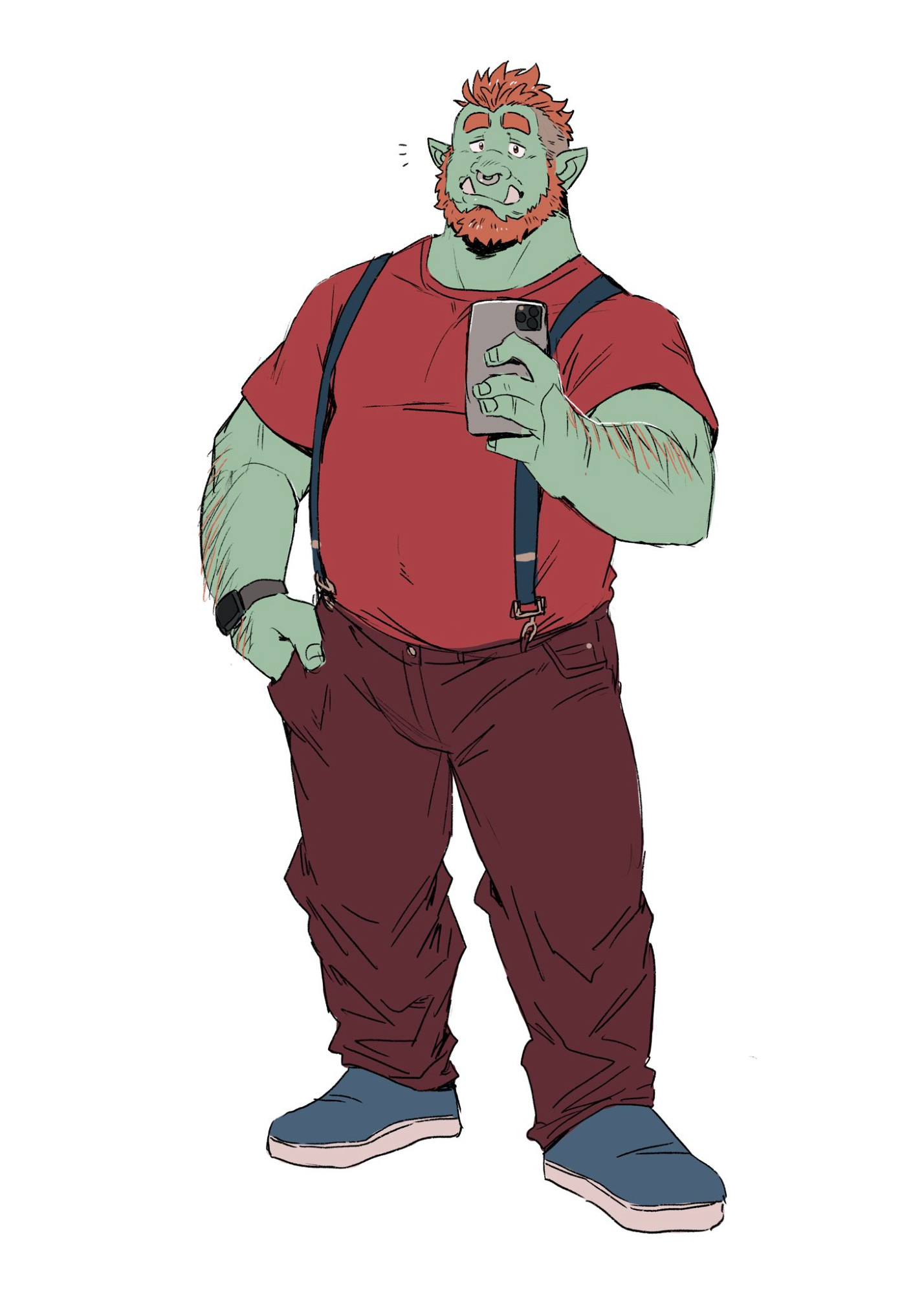 Drawing of an orc with grin skin and red hair. He has two tusks, a beard, and a mohawk. He is wearing a red shirt, darker red pants, blue suspenders, blue shoes, and taking a mirror selfie with his phone.