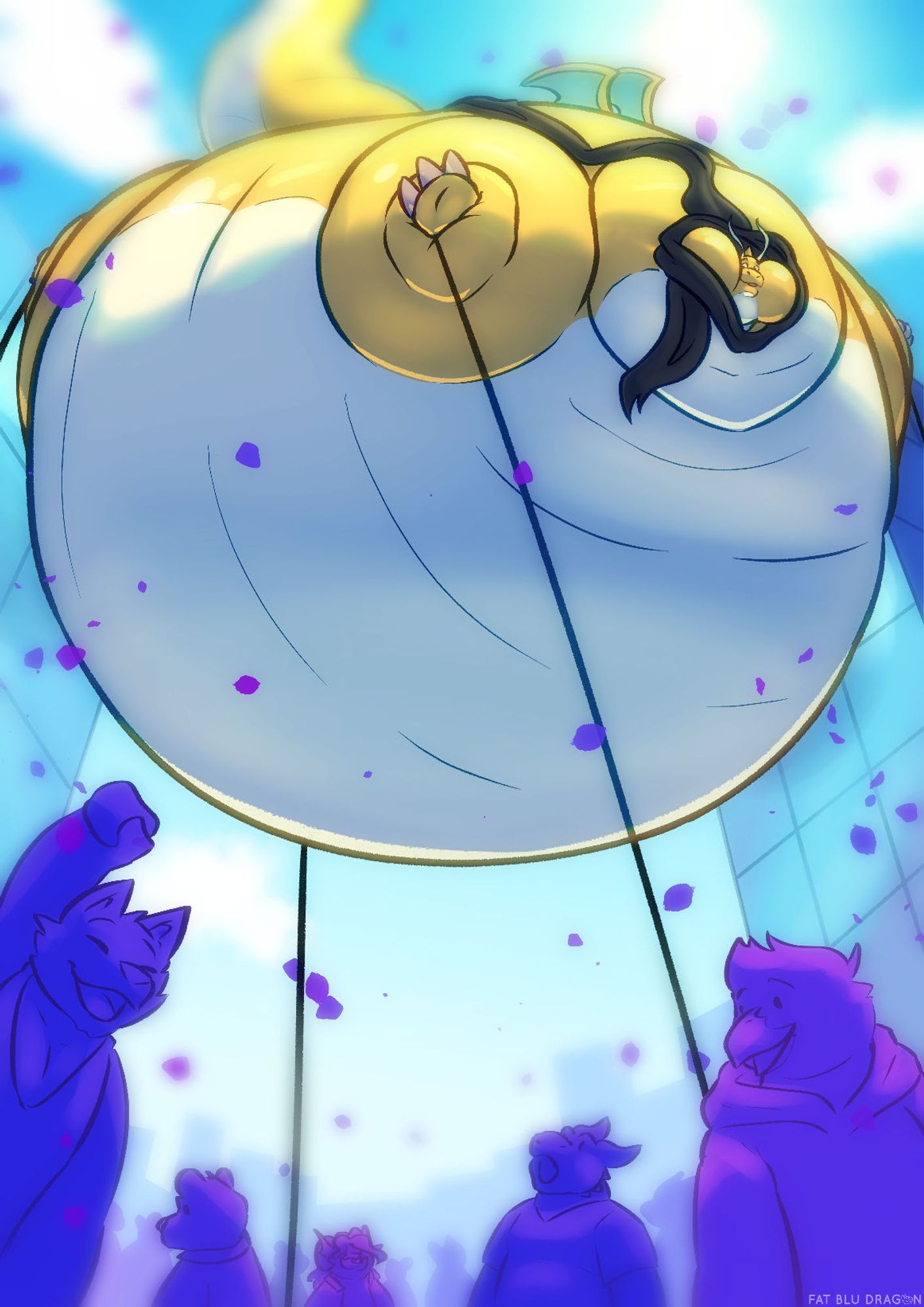 A YCH of a blimp floating above a parade