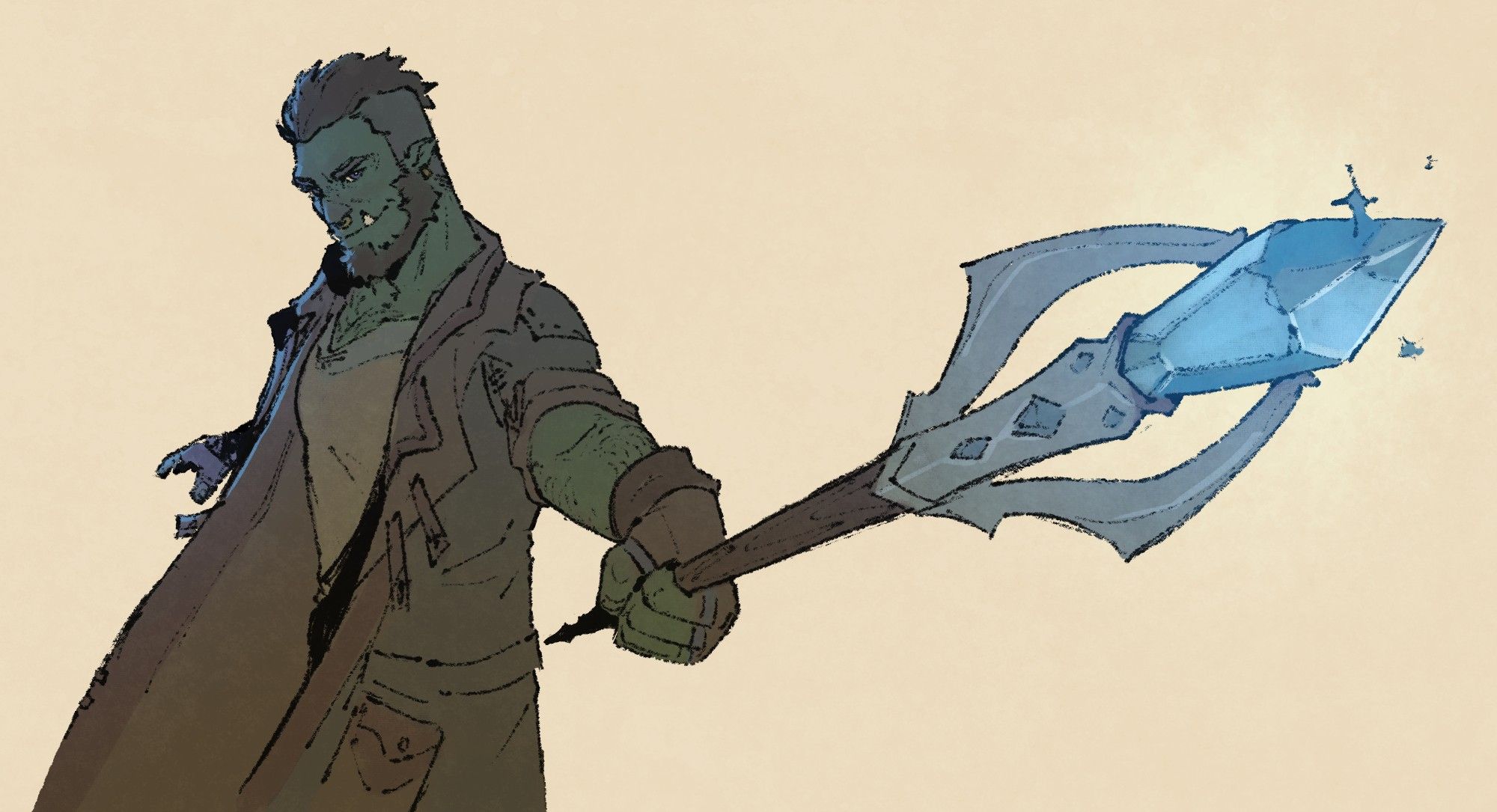 A picture of an orc dramatically posed with a magic staff pointed outwards