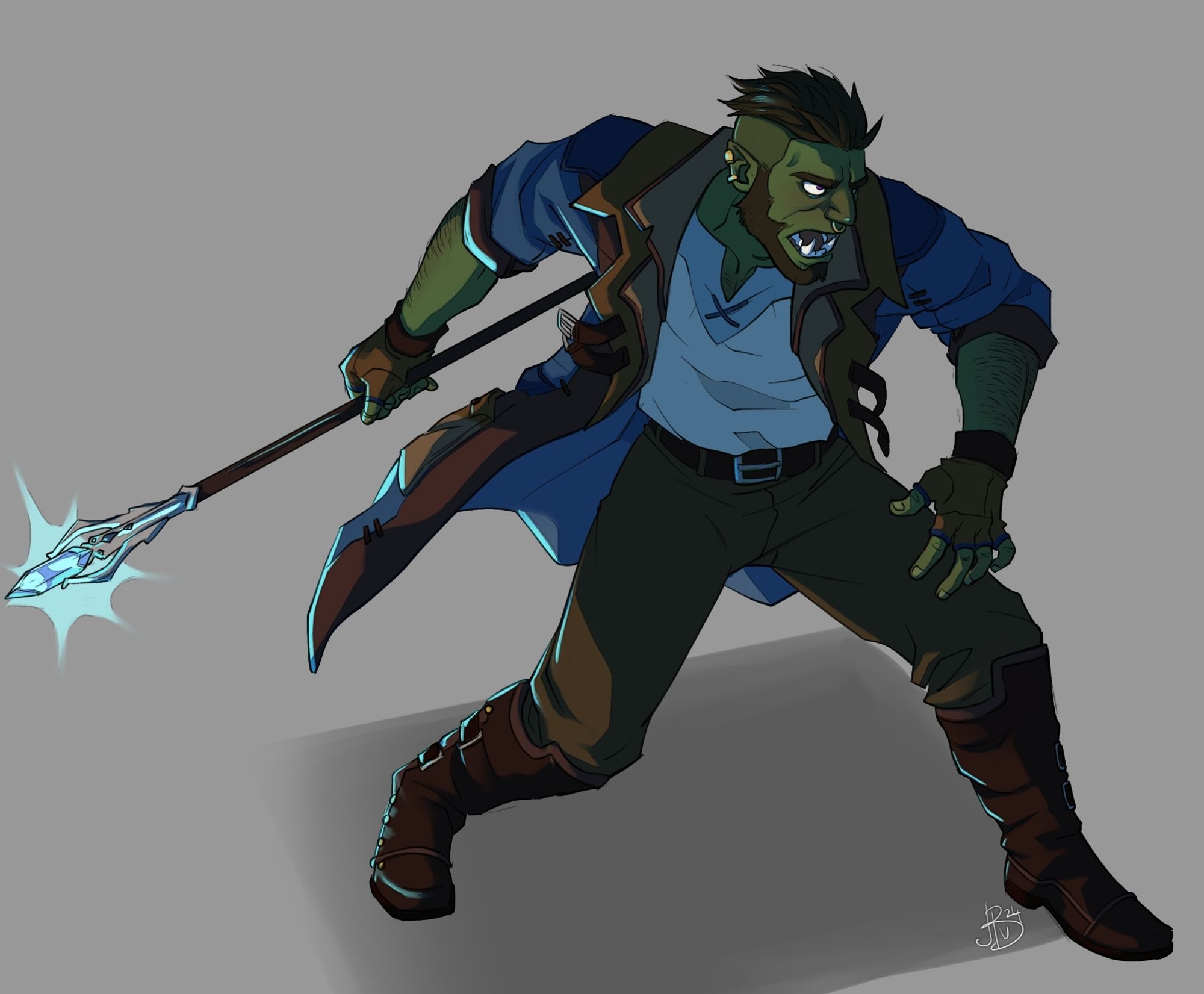 A picture of Berad, my orc oracle, in a battle pose with his staff drawn