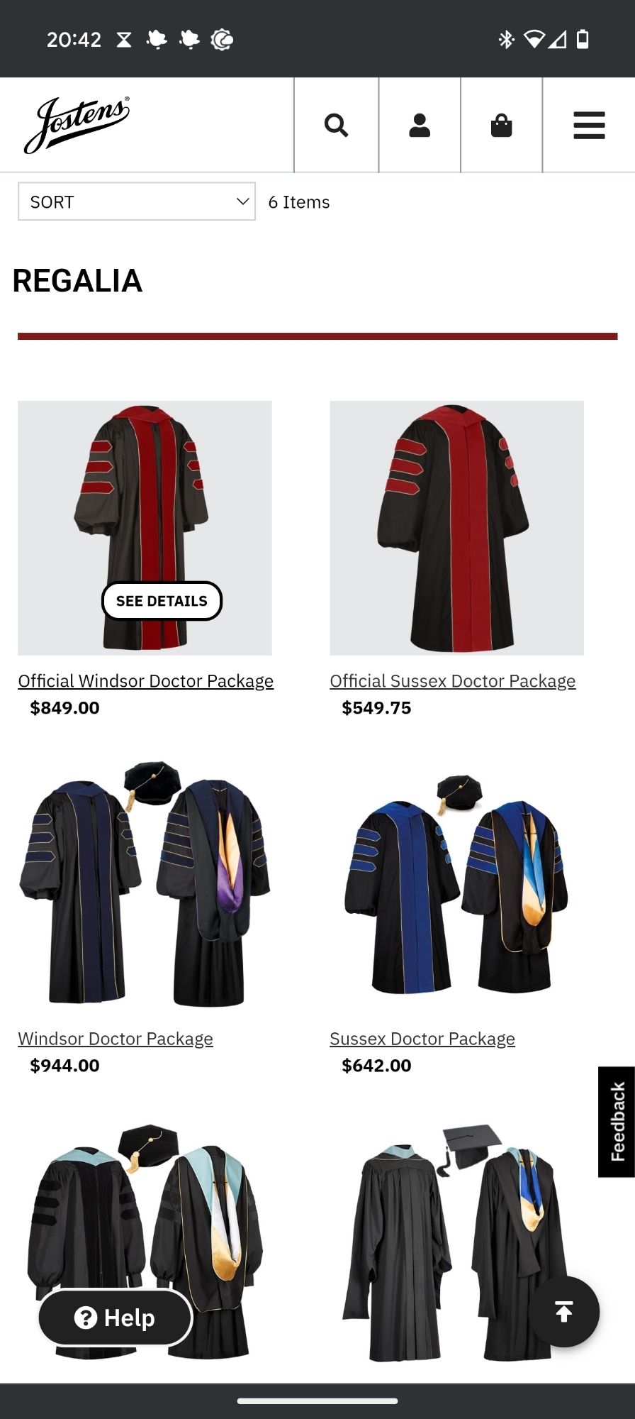 PhD regalia costing $849, $550, $944, and $642