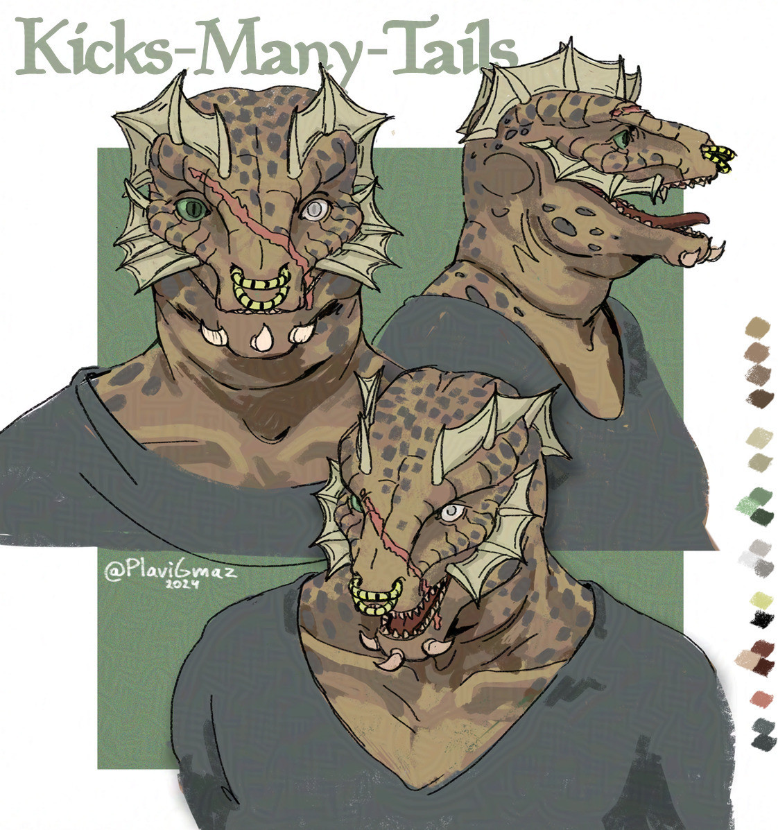 Image shows three colored headshots of the artist's Argonian OC named Kicks-Many-Tails. Top left portrait shows her front view, top right shows her side view and at the bottom her 3/4 view. She has light brown skin with grey scales, pale yellow fins (two on the top of her head and two on the side of her cheeks), she has a scar going across her face, from the top left brow and down diagonally to the right side of her mouth. She wears two nose rings with black and yellow stripes. She has three little horns sticking out of her chin. Her left eye is green while her right eye is light grey (it is a blind eye). She wears a grey shirt. In the background is a green square.