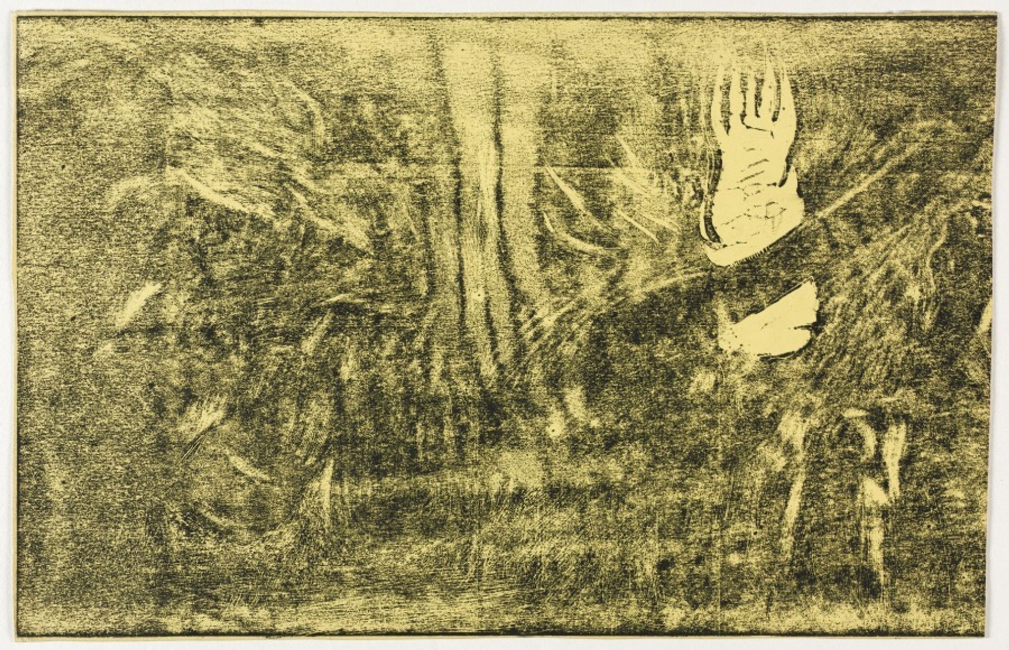 When Gauguin returned to Paris from Tahiti in 1893, he conceived a book that would describe his life 
among the natives and place his South Seas paintings within a context. Gauguin produced ten woodcuts to illustrate Noa Noa. Printed by hand, sometimes on colored paper, these prints have a rough-hewn, coarse quality that enhances the subject matter. An experimental printmaker, Gauguin varied inks, papers, colors, printing pressure, and even modes of printing so that each impression is unique. He would sometimes ink the woodblock unevenly, creating a partially incomprehensible image on many first-state impressions and increasing the scene’s mystery and ambiguity, as here. In 1921 Pola Gauguin inked and wiped the block so that the subject is visible clearly.