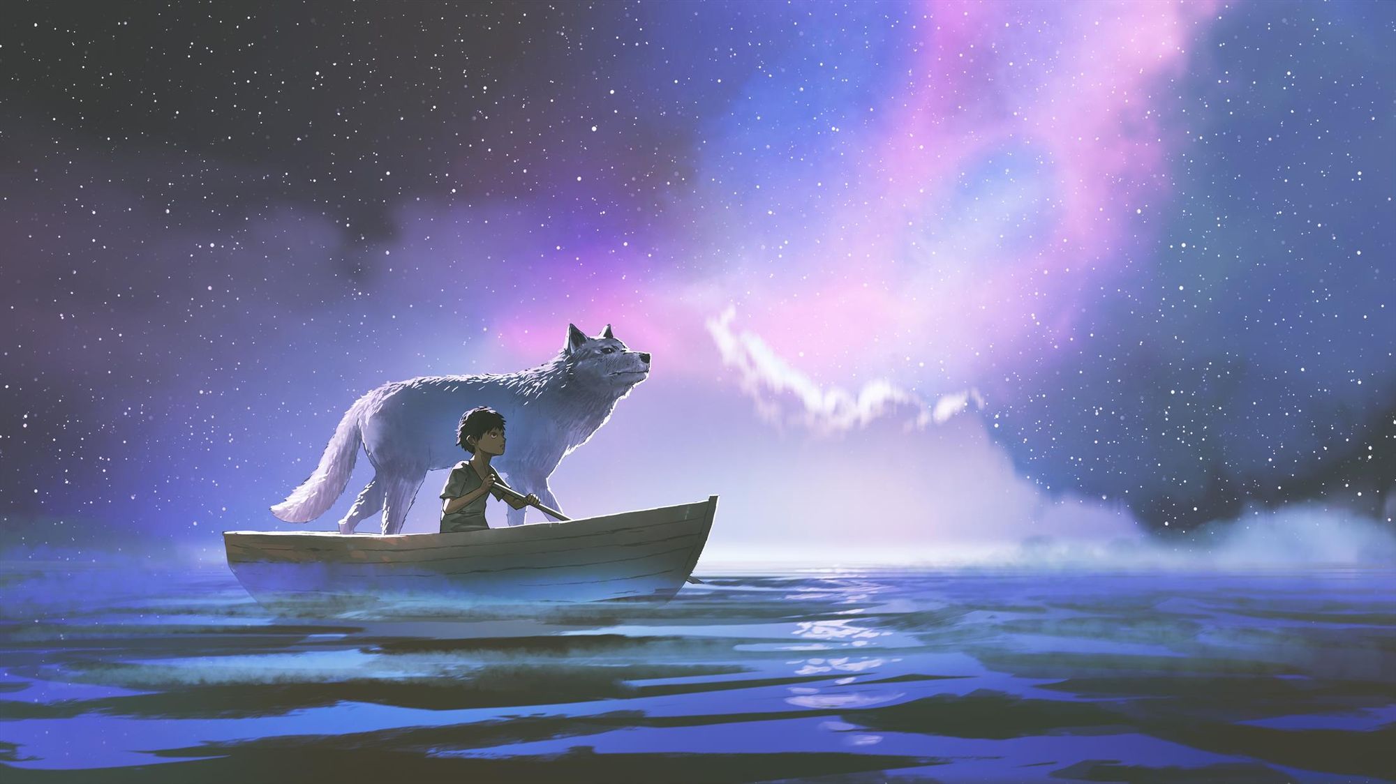 A child in a rowboat with a giant white wolf under a purple night sky. Art by Tithi Luadthong. 