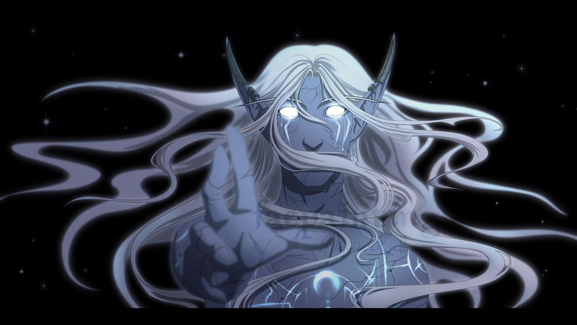 Painting in the style of a "anime-screenshot" of my Nightborne. Reaching out to the viewer, brightly glowing eyes and tattoos, white floating hair and cracks all over his body.