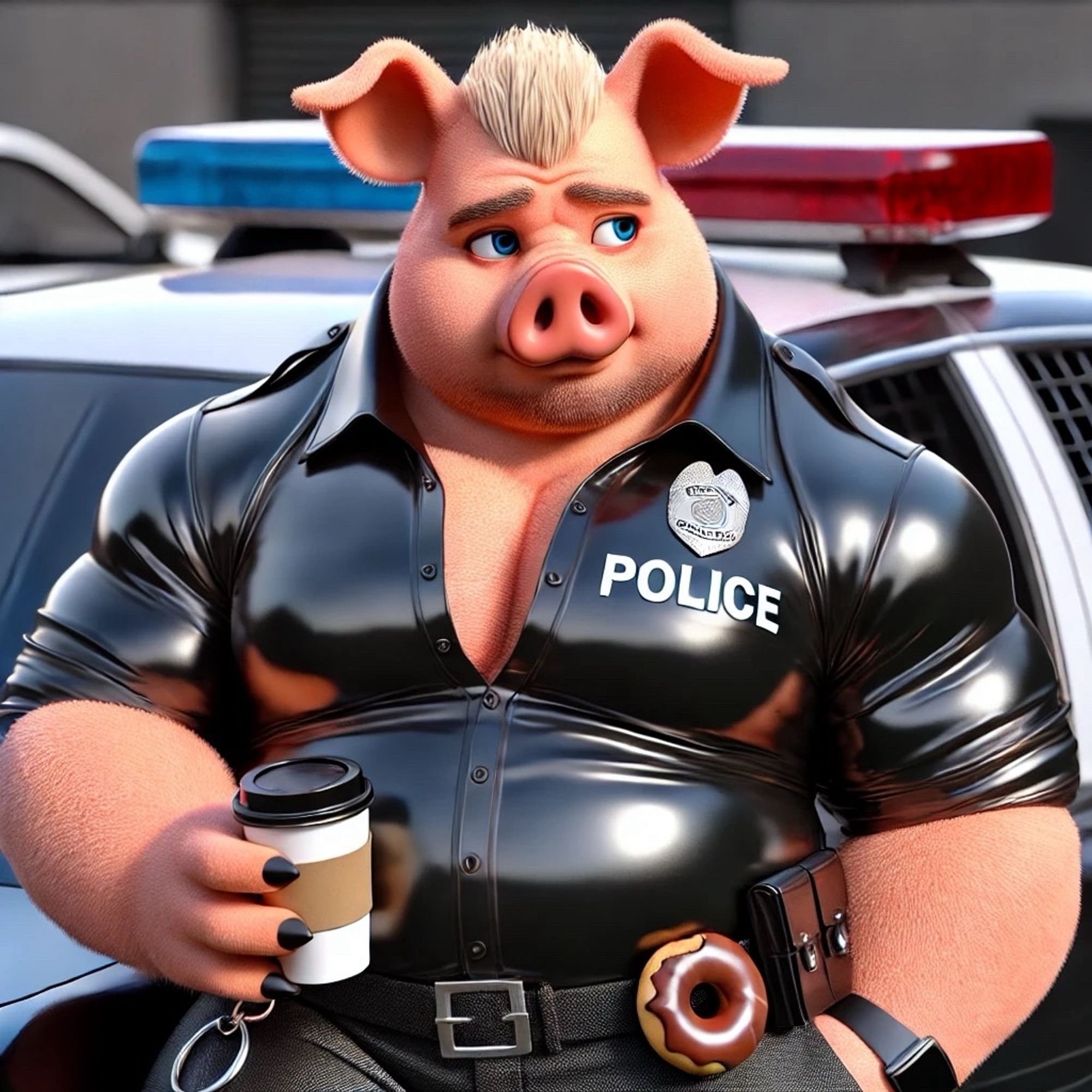 A chubby anthropomorphic pig, dressed as a police officer, leans against a police car. He is wearing a black, glossy uniform shirt with a badge and the word "POLICE" on it. The pig has a friendly expression and is holding a cup of coffee in one hand, with a doughnut hanging from his belt. The background includes the police car with its lights on. The scene suggests a typical moment of a police officer taking a break.