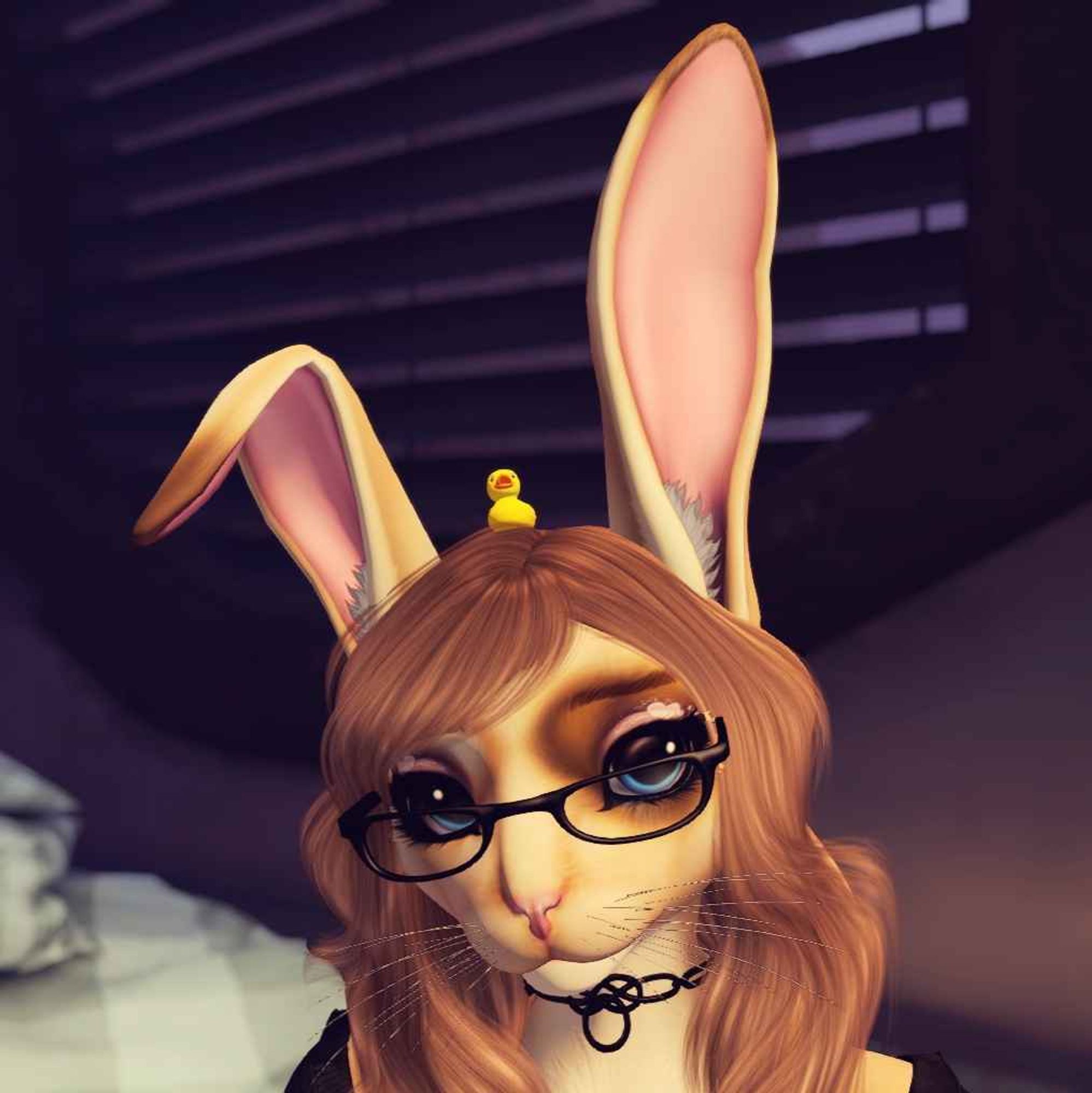 Furry Rabbit Girl sitting with her head tilted slightly looking at the camera, she's caramel colored with darker brown spots round her eyes and tipping her ears. She's wearing a black dress, black thick framed glasses, and a black collar. On top of her head is a rubber ducky