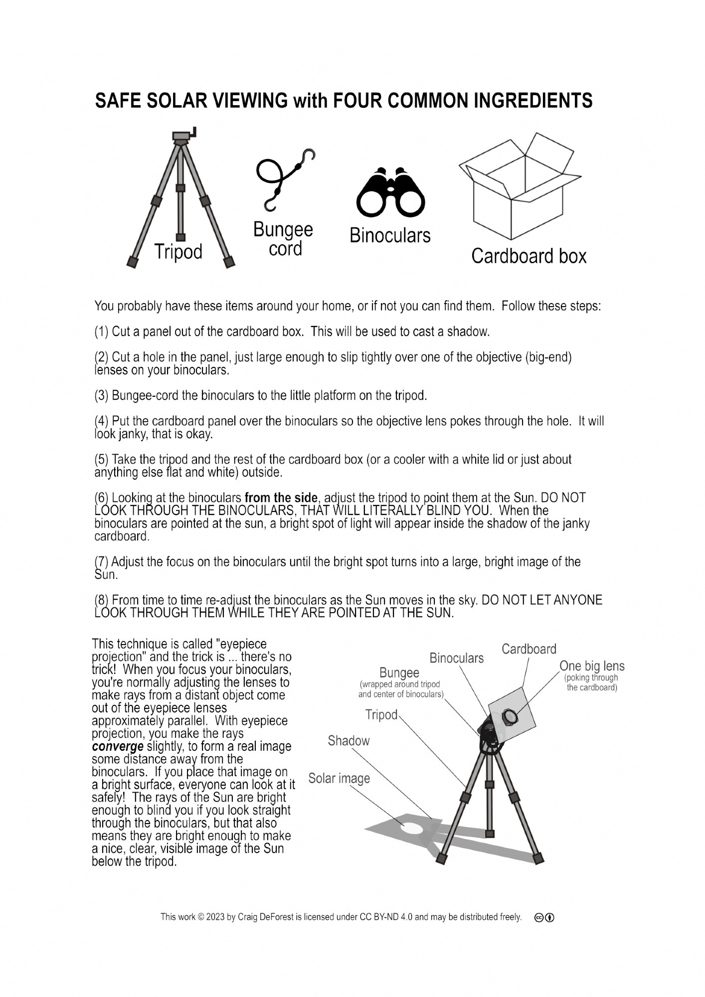 Detailed instructions for how to make an solar-observation eyepiece projection rig out of a tripod, a bungee cord, a pair of binoculars, and a cardboard box.  The rig will produce a safe-to-view, detailed, bright image of the Sun.