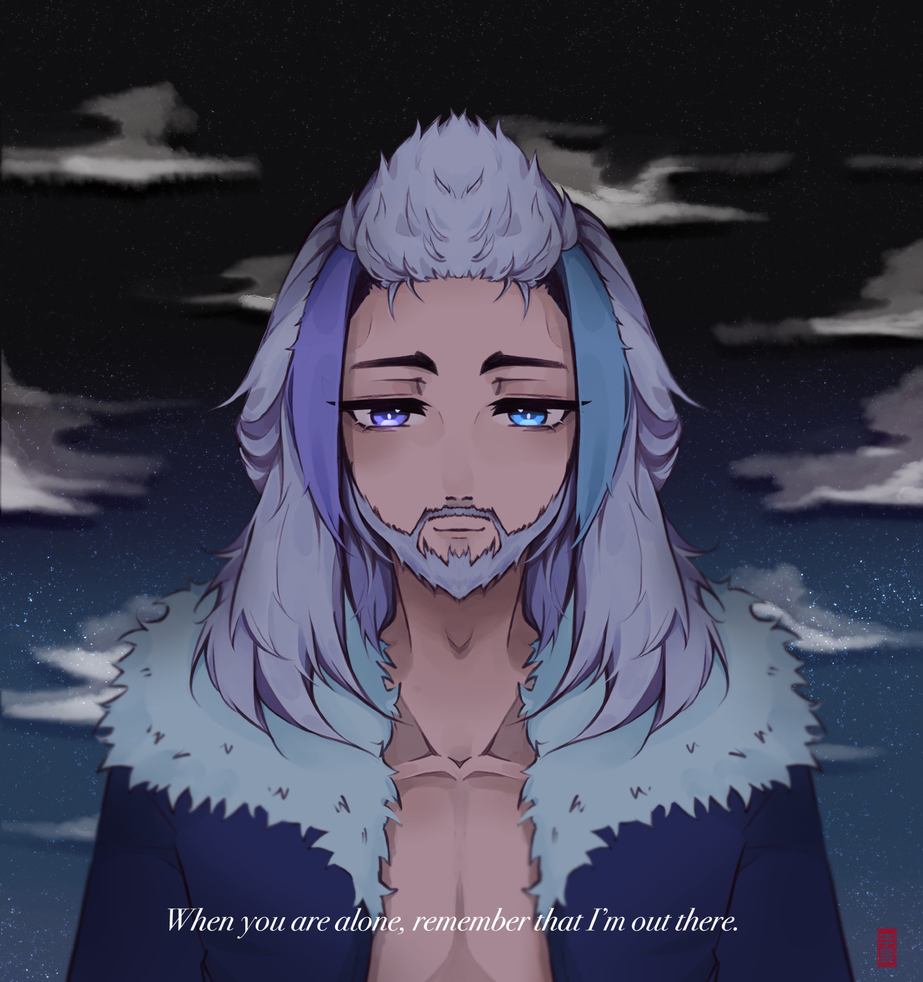 A white long haired man looks down to you under a mostly clear night sky where the stars can be seen with hetero-chromatic eyes, his left is of a purple hue and his rig of a blue hue. His expression is calm with a slight smile. His eyes however have an hint of sadness to them. The piece includes a caption saying "When you are alone, remember that I'm out there." It states that when you feel alone, you can feel safe knowing he's there.