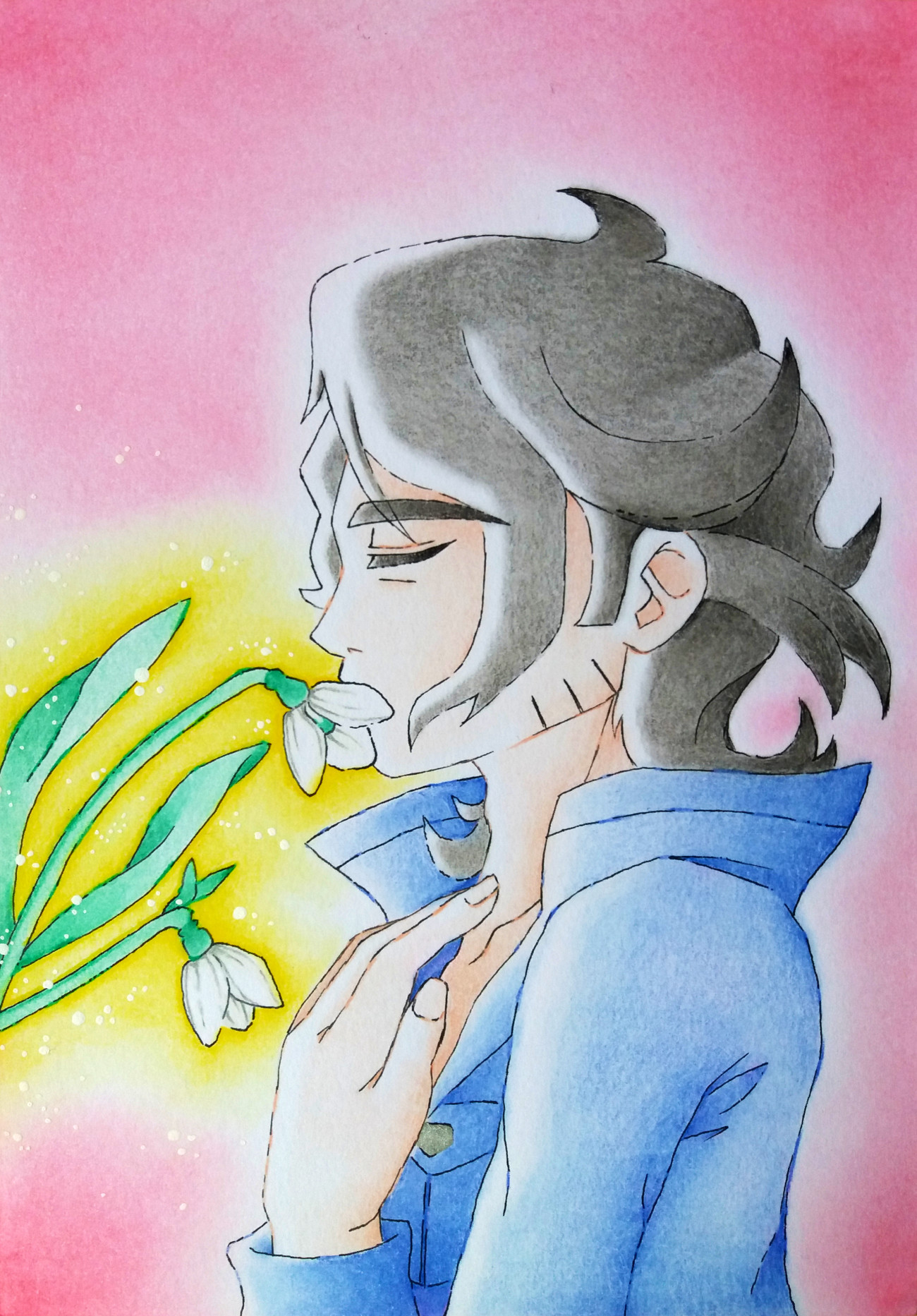 A traditional Fanart. Side view of Professor Sycamore from Pokémon being kissed by glowing golden snowdrops. His eyes are closed and one hand is resting on his chest. Sycamore looks relaxed and almost a little fragile. He is surrounded by a pink aura reminiscent of fairy Pokémon.