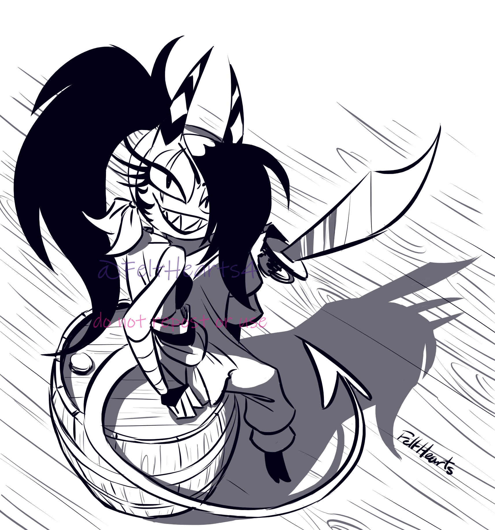 A black and white drawing of a tough-looking demon girl dressed like a pirate sits on a barrel, looking up at the viewer with a dangerous smile, while holding a cutlass.