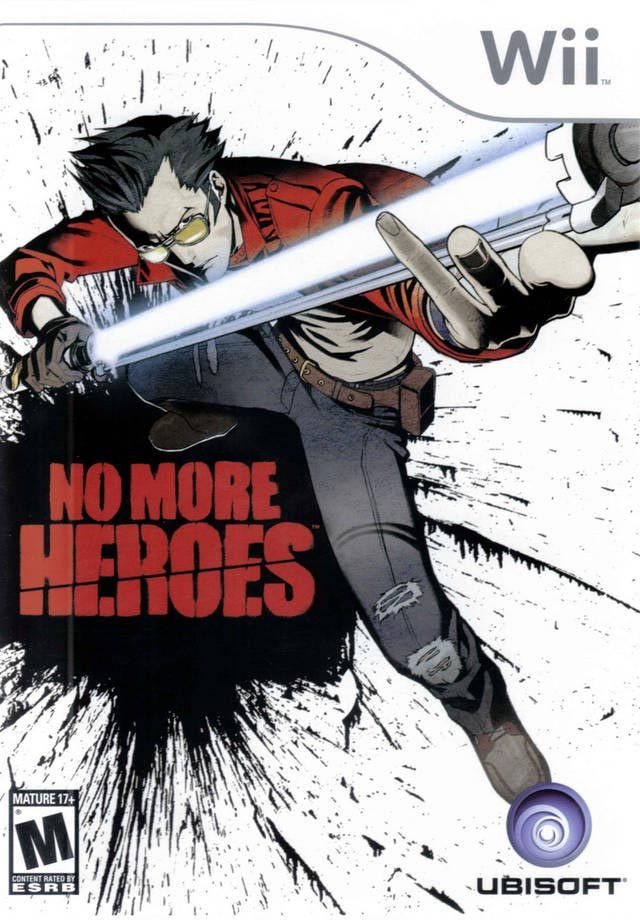 No More Heroes American Wii box art
Travis Touchdown is holding a beam katana on a background with a huge black paint splatter
on the splatter is the No More Heroes logo