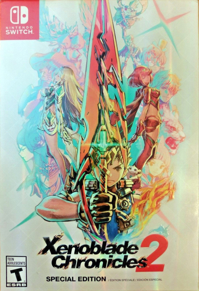 Xenoblade Chronicles 2 special edition box
Rex is holding Pyra's Aegis Sword in the middle and on the left is Mythra, Roc, Vandham, Morag, and Brighid
on the right is Pyra, Tora, Poppi, Pandoria, Zeke, Dromarch, and Nia
Azurda is in Rex's helmet