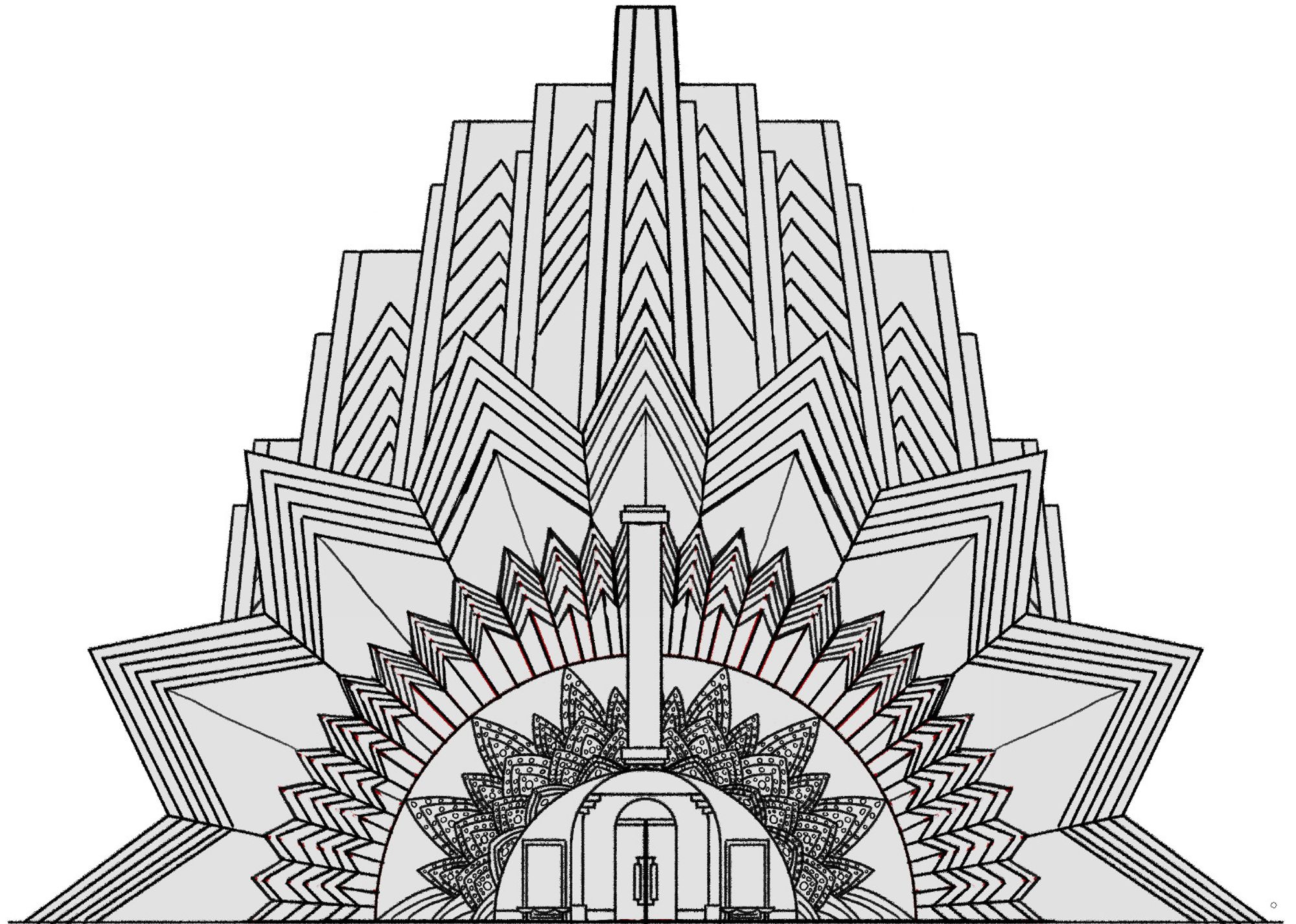 A digital drawing. It's a front-facing view of a large entertainment venue in an ostentatious Art Deco style. There are repeating clamshell and crown motifs.