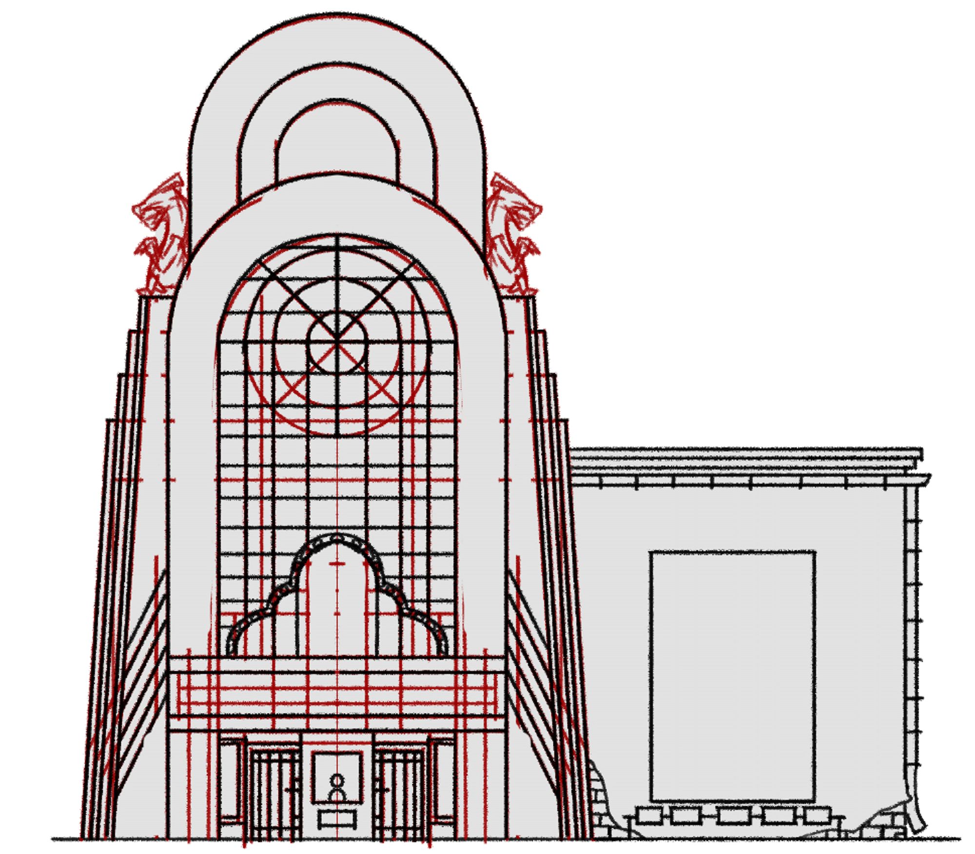 A digital drawing. It's a front-facing view of a small theater in a Victorian Gothic style with an homage to old monster movies.