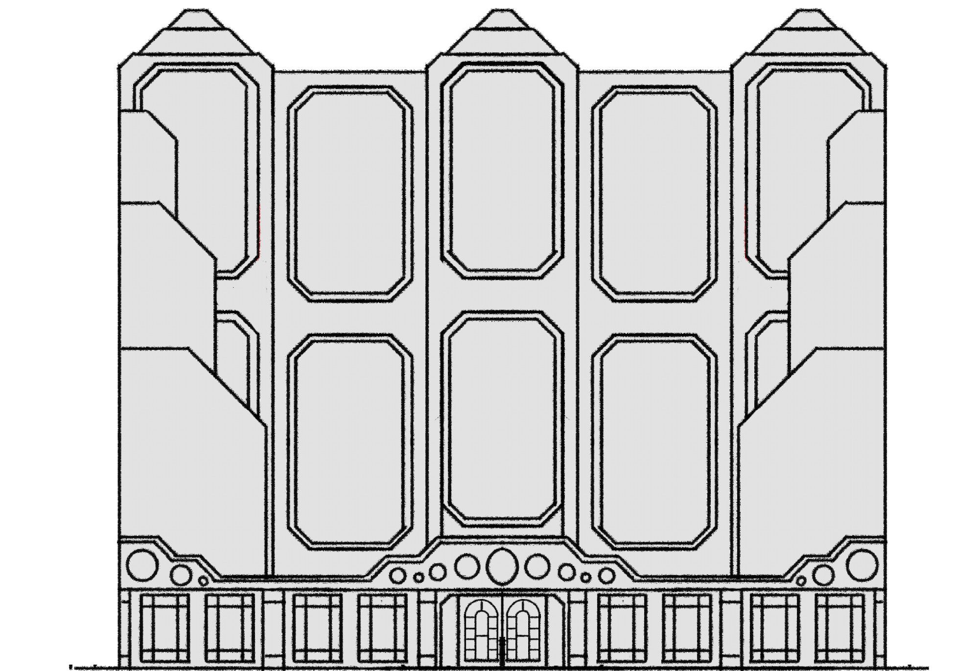 A digital drawing. It's a large hall building. The primary features are four pairs of large rectangular octagonal windows on the larger upper part of the building: the ground floor has a long row of rectangular windows, arched-window doors, and a clear geometrically-decorated border separating the lower half from the upper half.