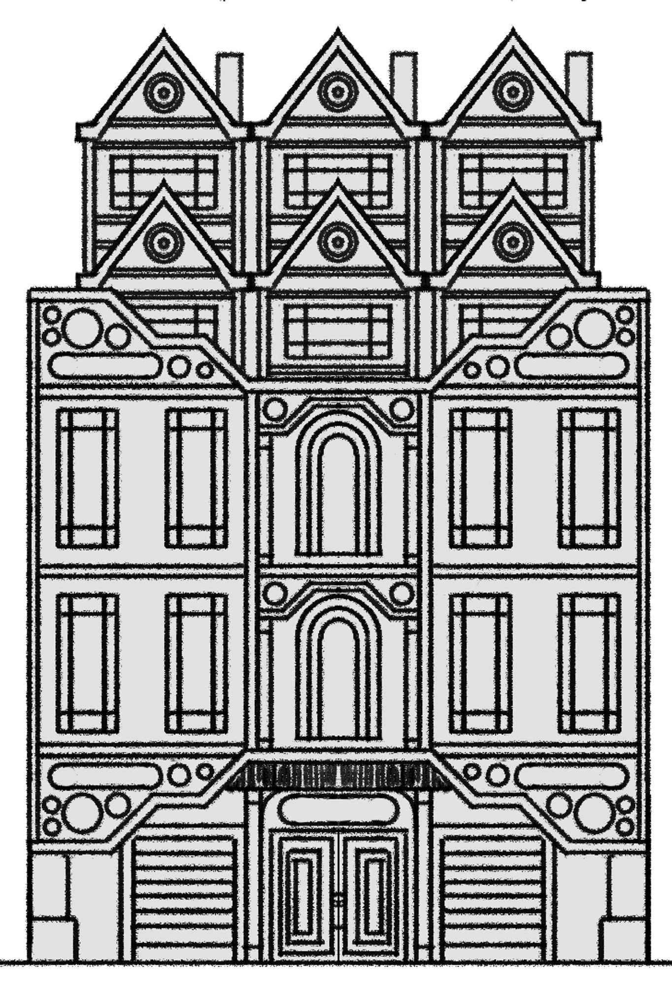 A digital drawing. It's a five-floor small apartment building. The ground floor has two small garages: two floors are on top of the ground floor, two sets of three buildings with triangulated roofs sit on top of the roof of the three-floor major building. Its designs are geometric and call back to Art Deco architecture.