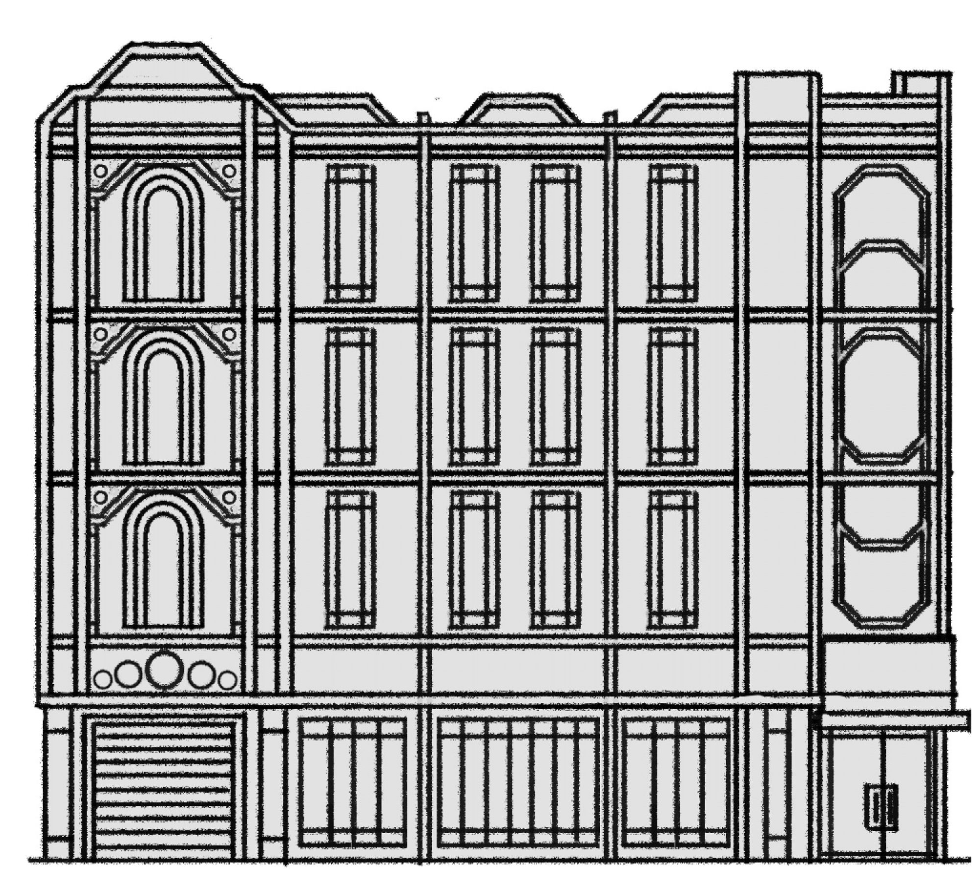 A digital drawing. It's a four-floor building. A store is located on the ground floor, with street access via a single garage: the major features of the remaining three floors are geometric windows with Art Deco callbacks.