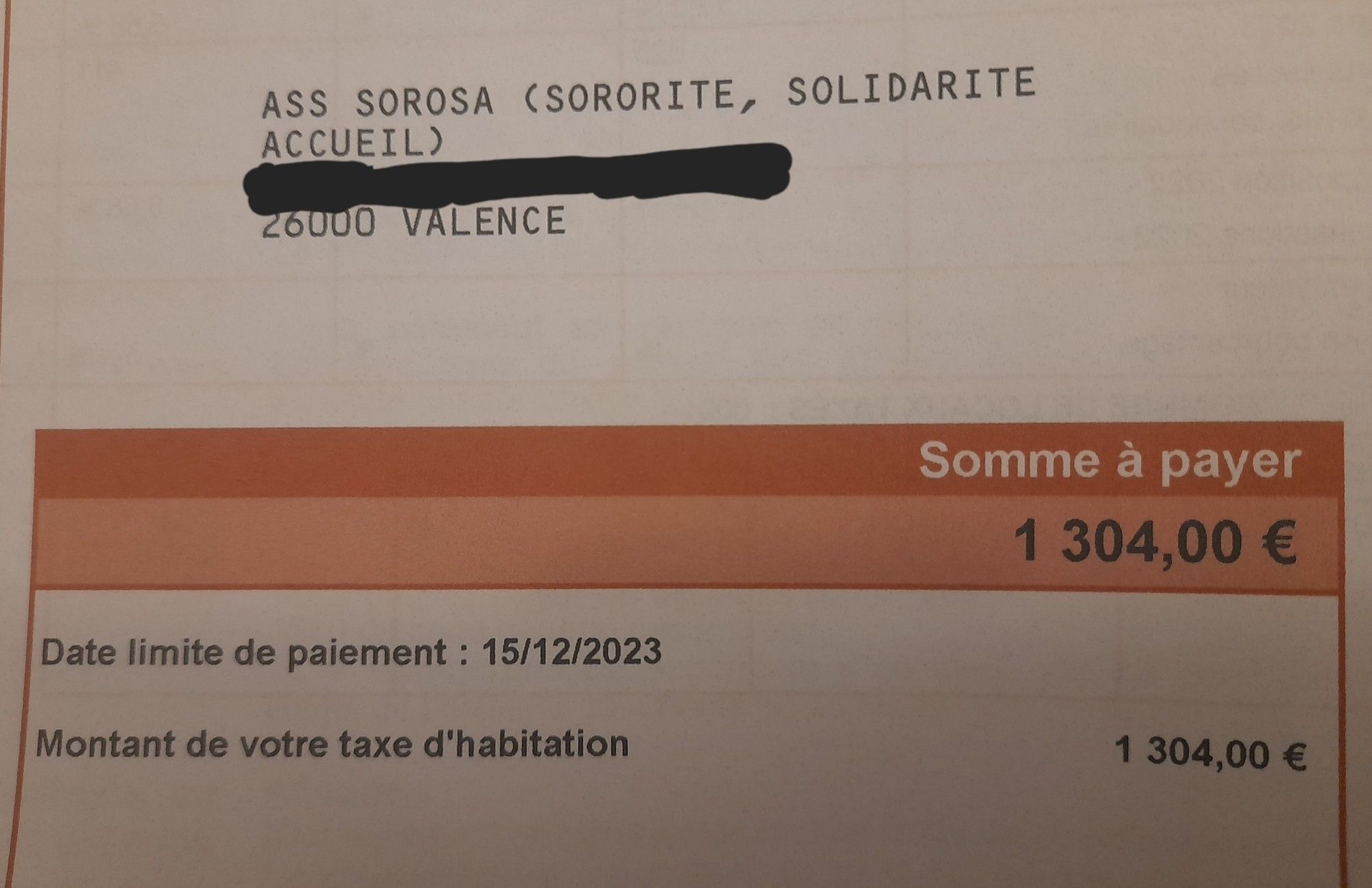 Taxe d'habitation pour un logement d'un montant de 1304 € à régler avant le 15/12/2023