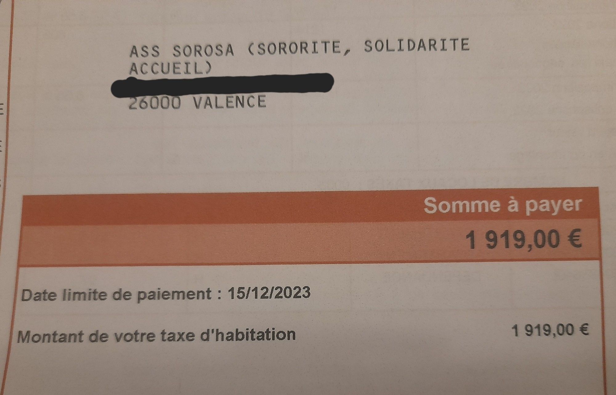 Taxe d'habitation pour un logement d'un montant de 1919 € à régler avant le 15/12/2023