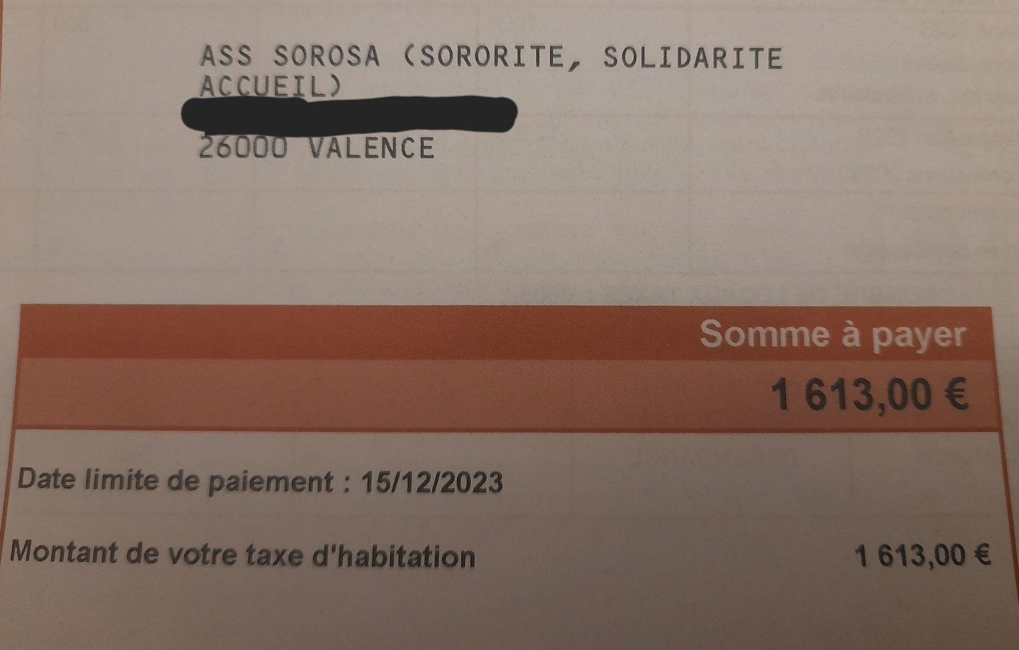 Taxe d'habitation pour un logement d'un montant de 1613 € à régler avant le 15/12/2023