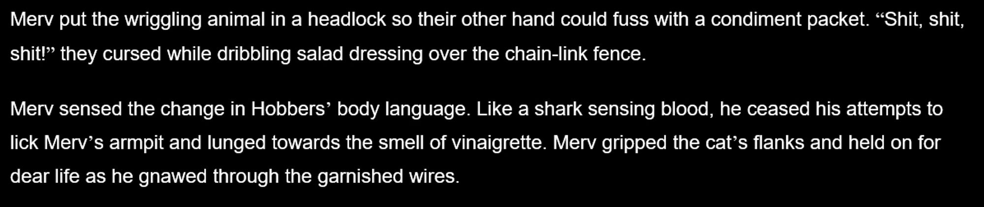 Novel excerpt, in which the protagonist smears salad dressing on a chain-link fence then coaxes a magical cat into chewing through it.