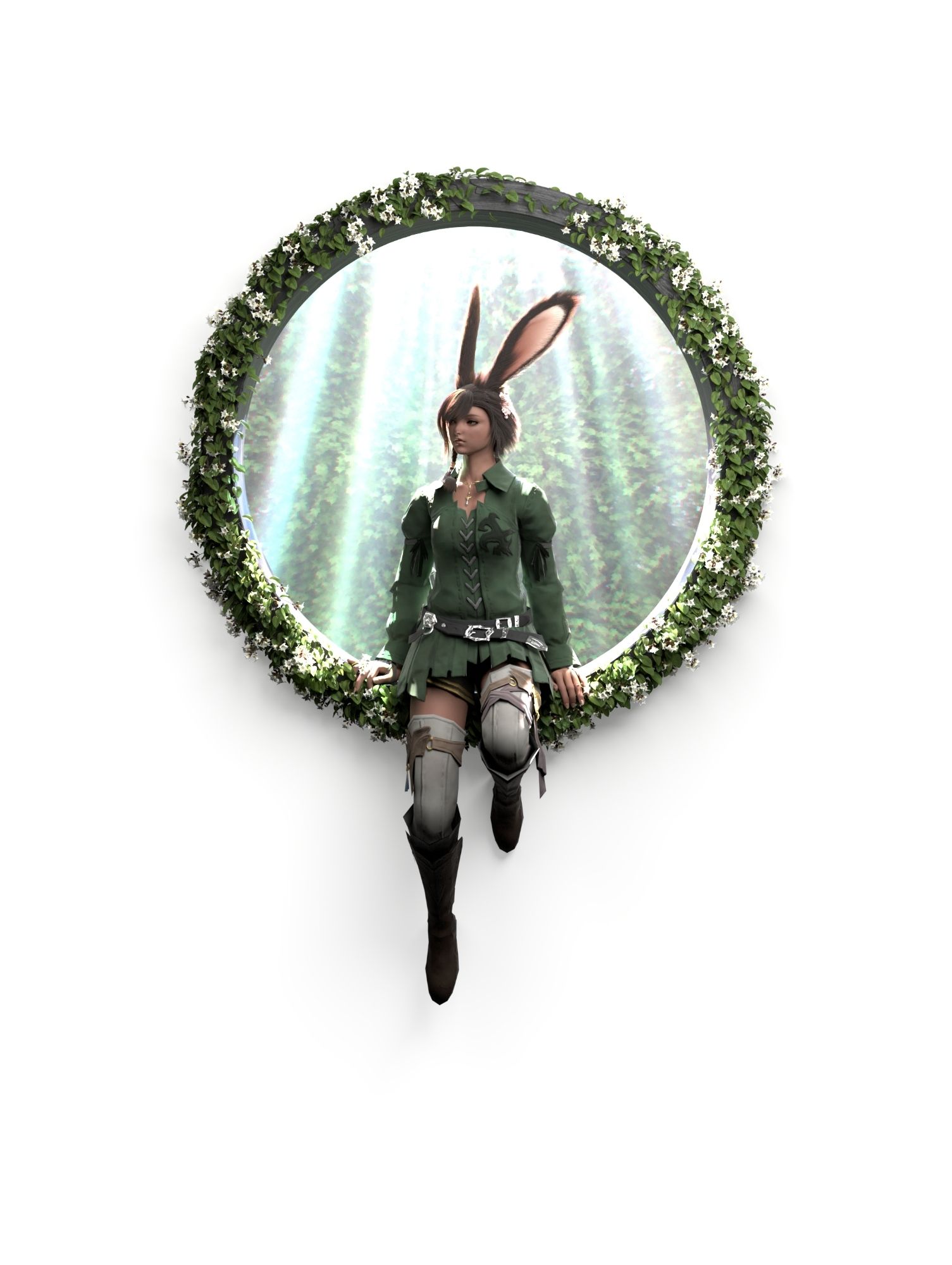 A 3D render of a Viera sitting in a wreath of ivy