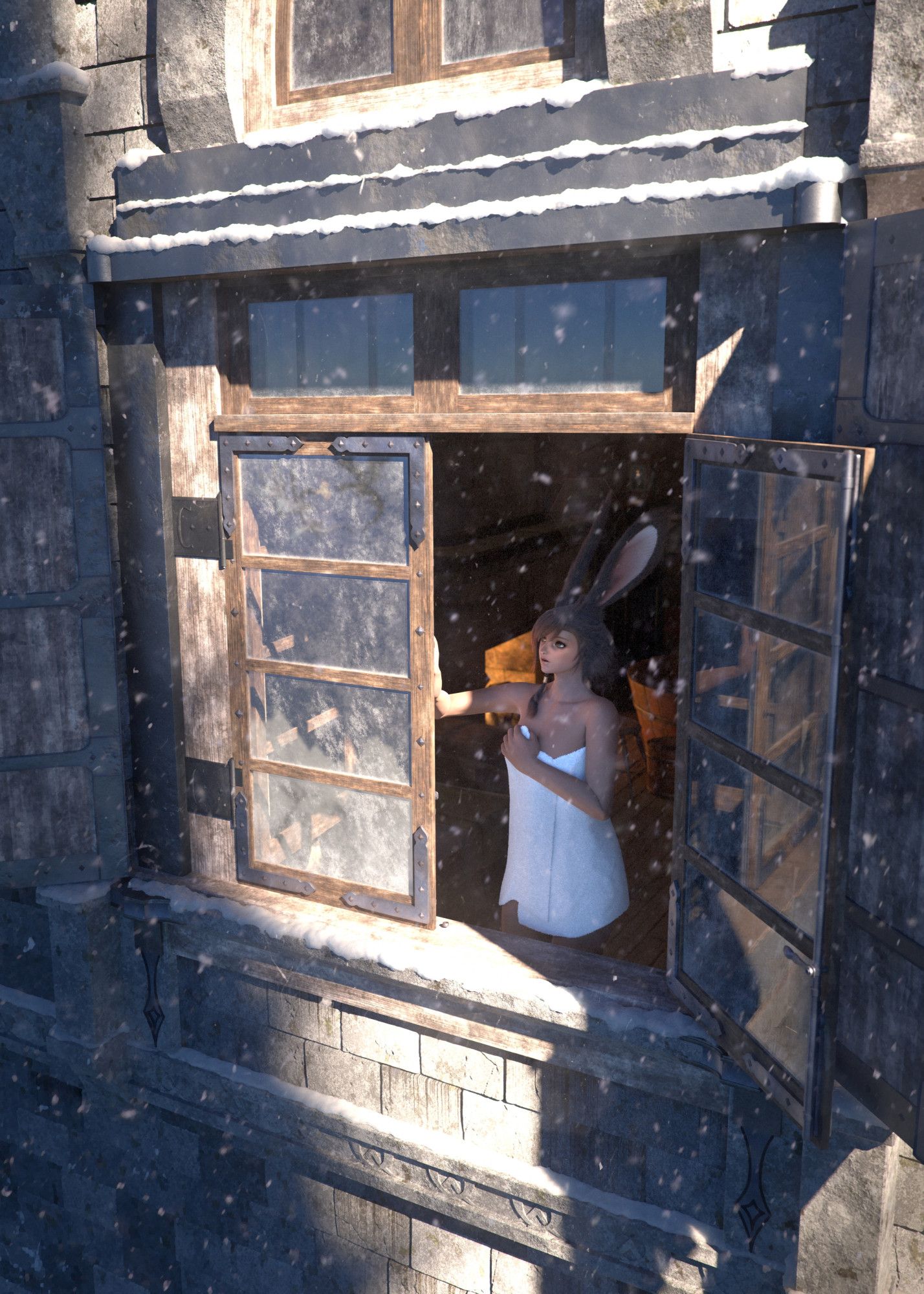 3D render of a Viera looking out from an inn-room window in Ishgard