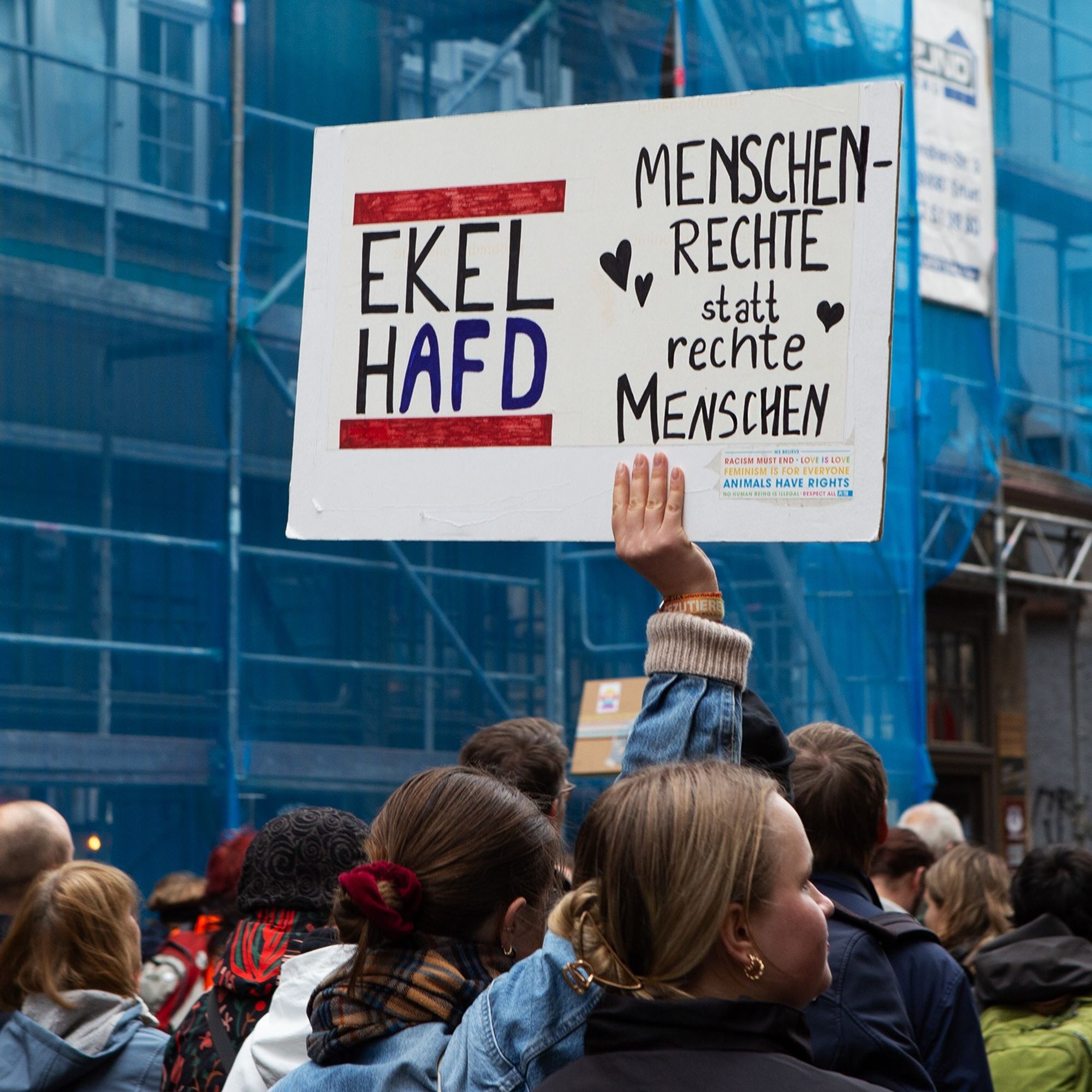 Demo gegen Rechts, zu sehen sind viele vor allem junge Menschen von hinten im Demozug, eine junge Frau hält ein Plakat hoch "EKELHAFD Menschenrechte statt rechte Menschen"