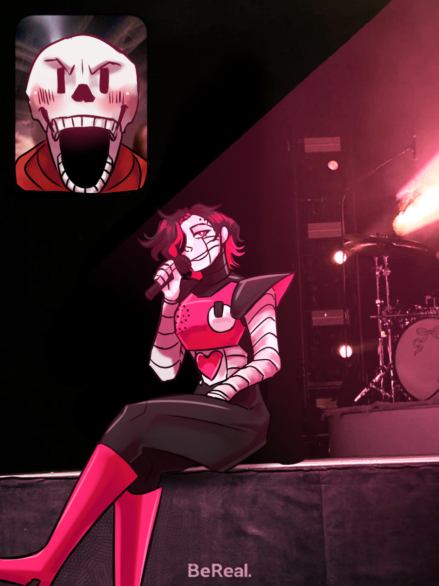 Mettaton sits on a stage, microphone in hand, while Papyrus cheers him on in the upper left corner. Reference to an IRL picture taken of a BeReal.