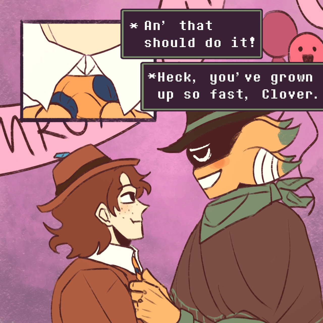 Starlo sighs as he finishes tying Clover’s tie for Mrom night (Monster Prom), “An’ that should do it! Heck, you’ve grown up so fast, Clover.”