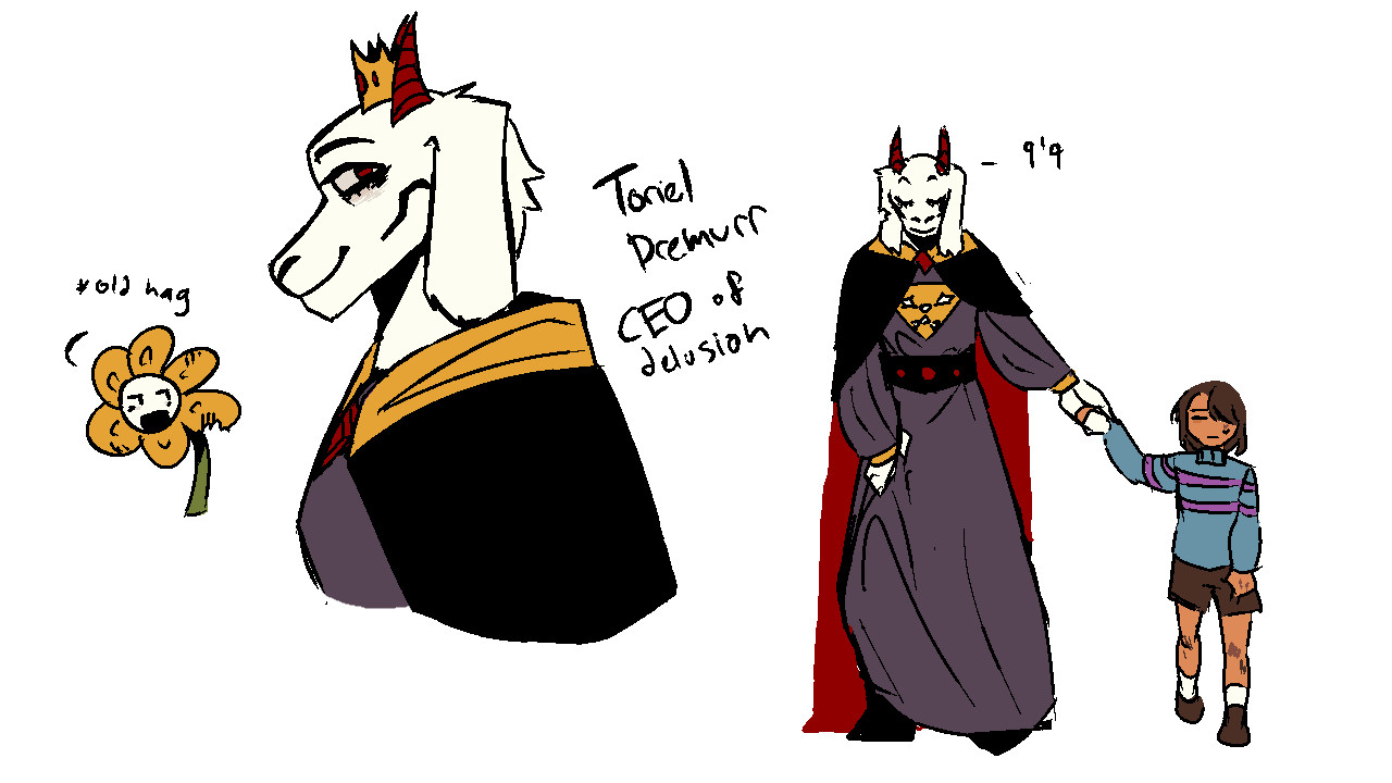 Flowey calls Toriel an “Old hag”. Next to her side profile, the words “Toriel Dremurr CEO of delusion” are written. As she walks a nervous Frisk into the void, her height is noted as “9’9”.