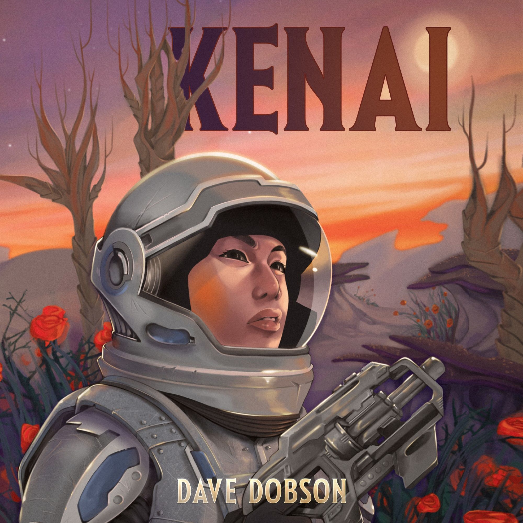 Book cover for Kenai by Dave Dobson showing the main character, Jess Amiko in her combat suit on an alien planet.