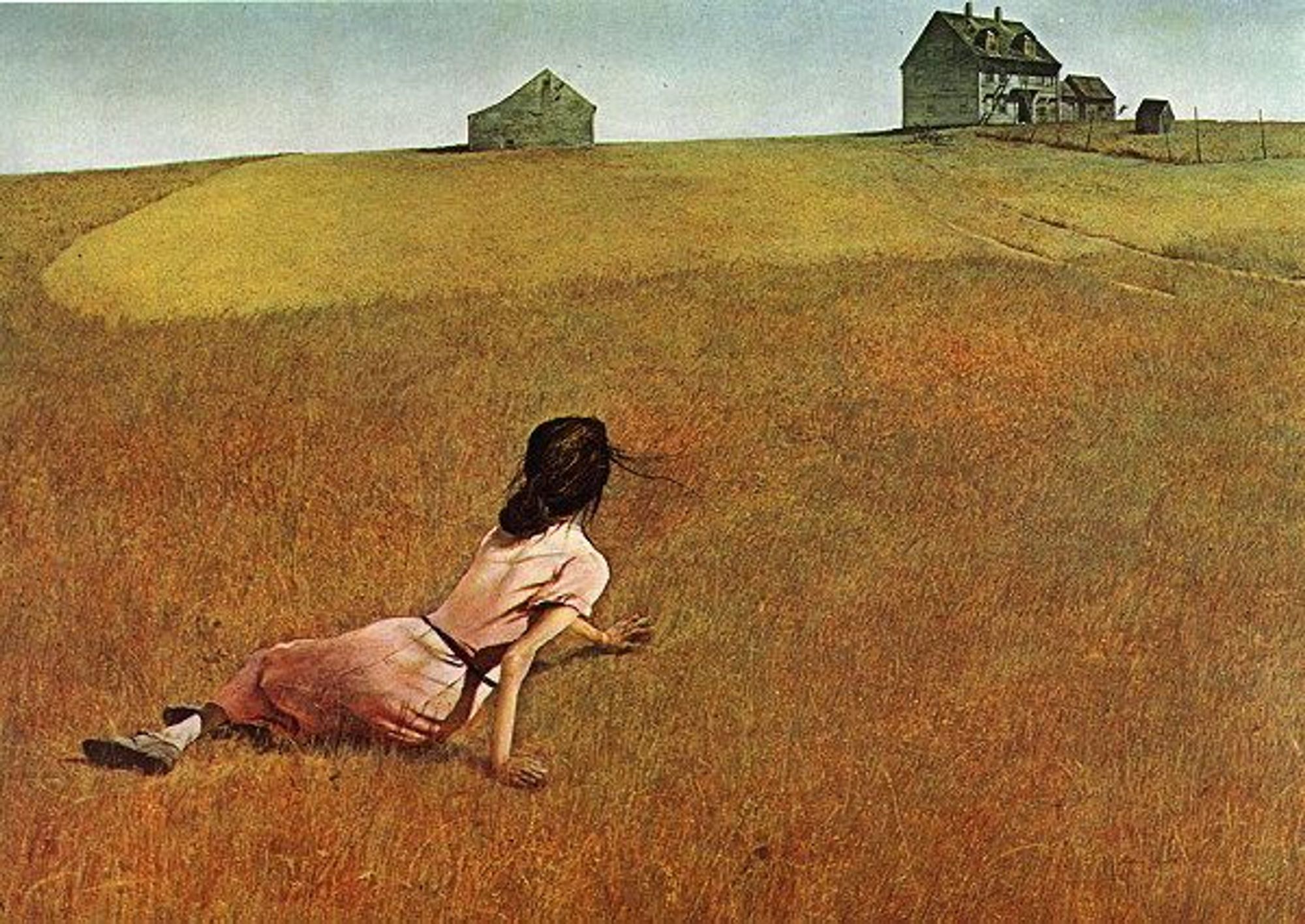 Andrew Wyeth's Christina's World, showing a young woman lying on her side in a meadow in front of a farmhouse.