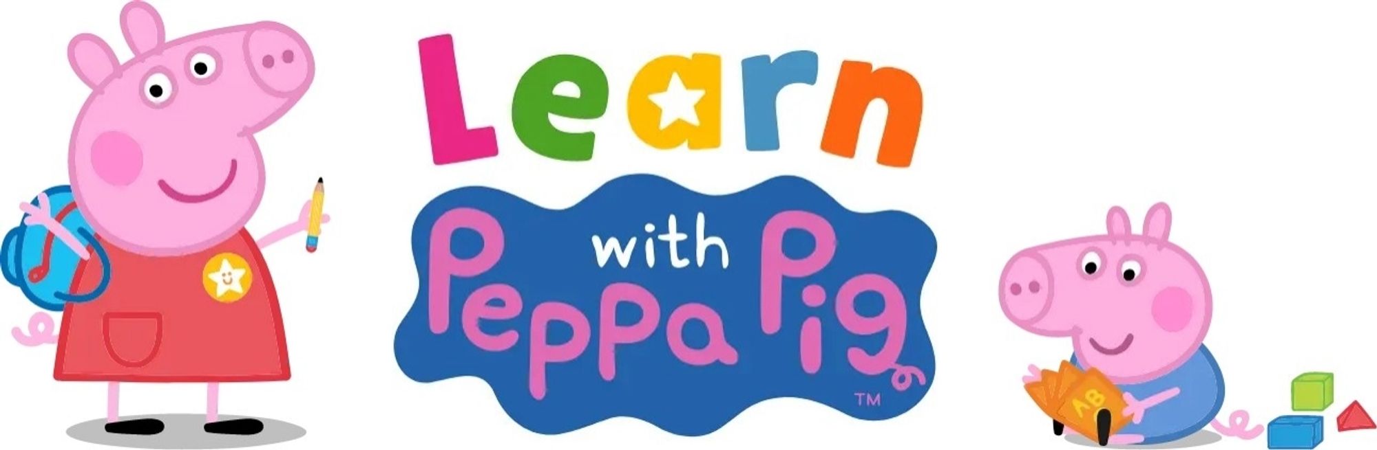 The title cars for Learn with Peppa Pig. Peppa is standing on the left, while George is reading a book on the right.