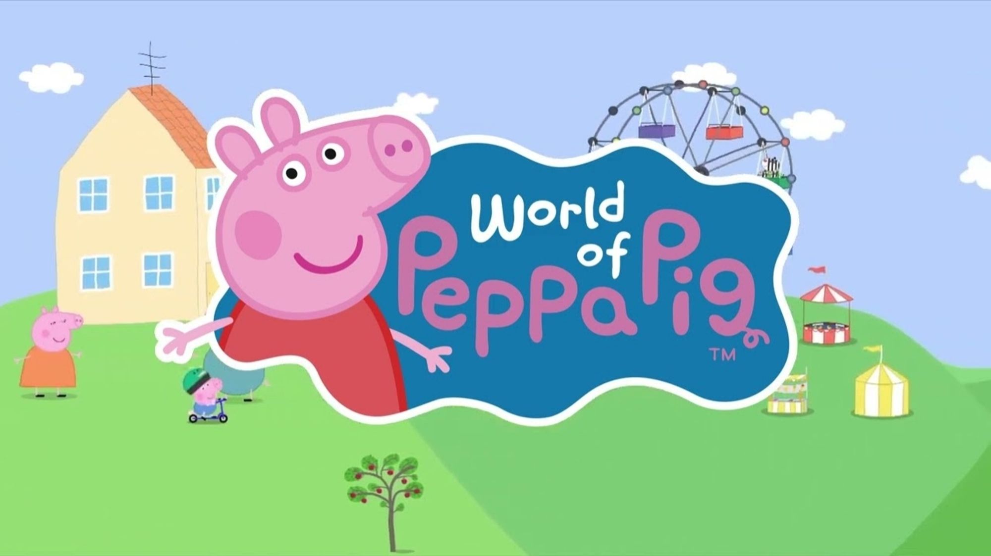 World of Peppa Pig logo. Peppa is standing next to the game's name while mommy Pig, daddy Pig, and George are playing in the background