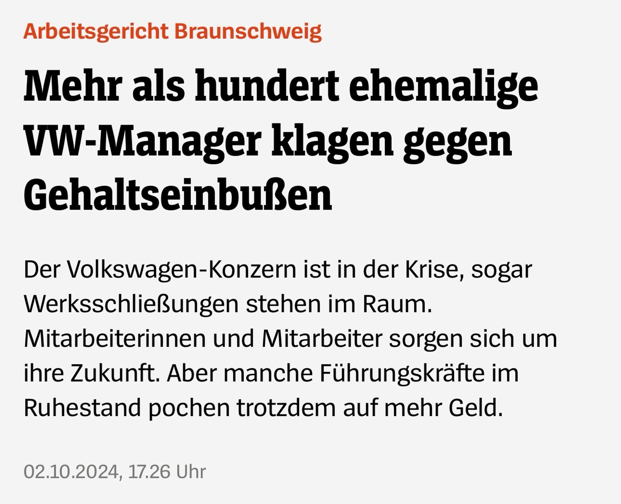 SPIEGEL vom 02.10.2024: "Arbeitsgericht Braunschweig: Mehr als hundert ehemalige VW-Manager klagen gegen Gehaltseinbußen."