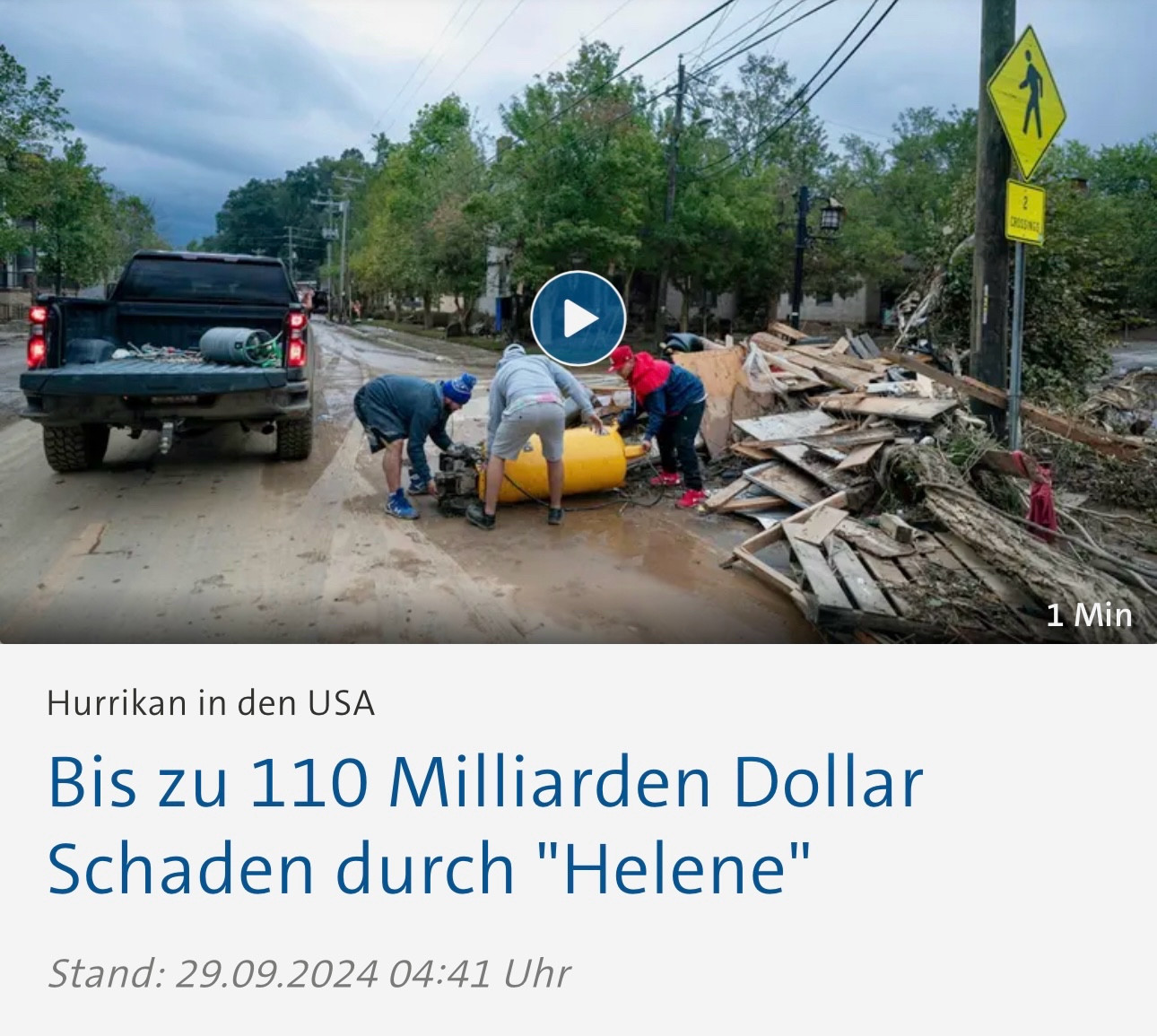 Tagesschau vom 29.09.2024: "Hurrikan in den USA: Bis zu 110 Milliarden Dollar Schaden durch Helene."

https://www.tagesschau.de/ausland/amerika/usa-nach-sturm-helene-100.html