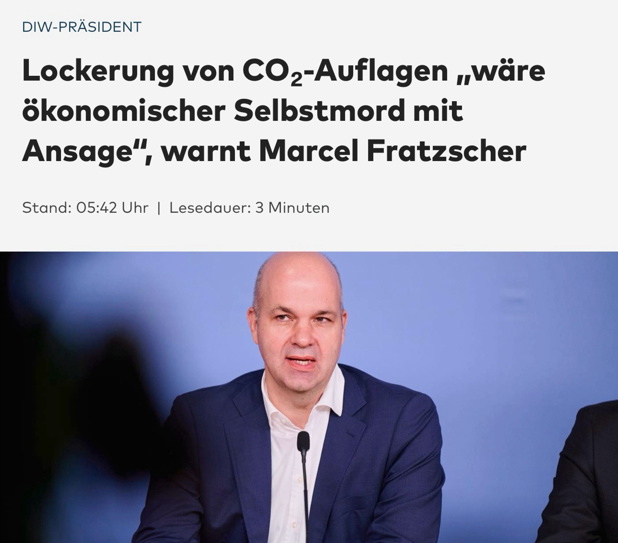 WELT vom 21.09.2024: DIW-Präsident - Lockerung von CO2-Auflagen "wäre ökonomischer Selbstmord mit Ansage", warnt Marcel Fratzscher.