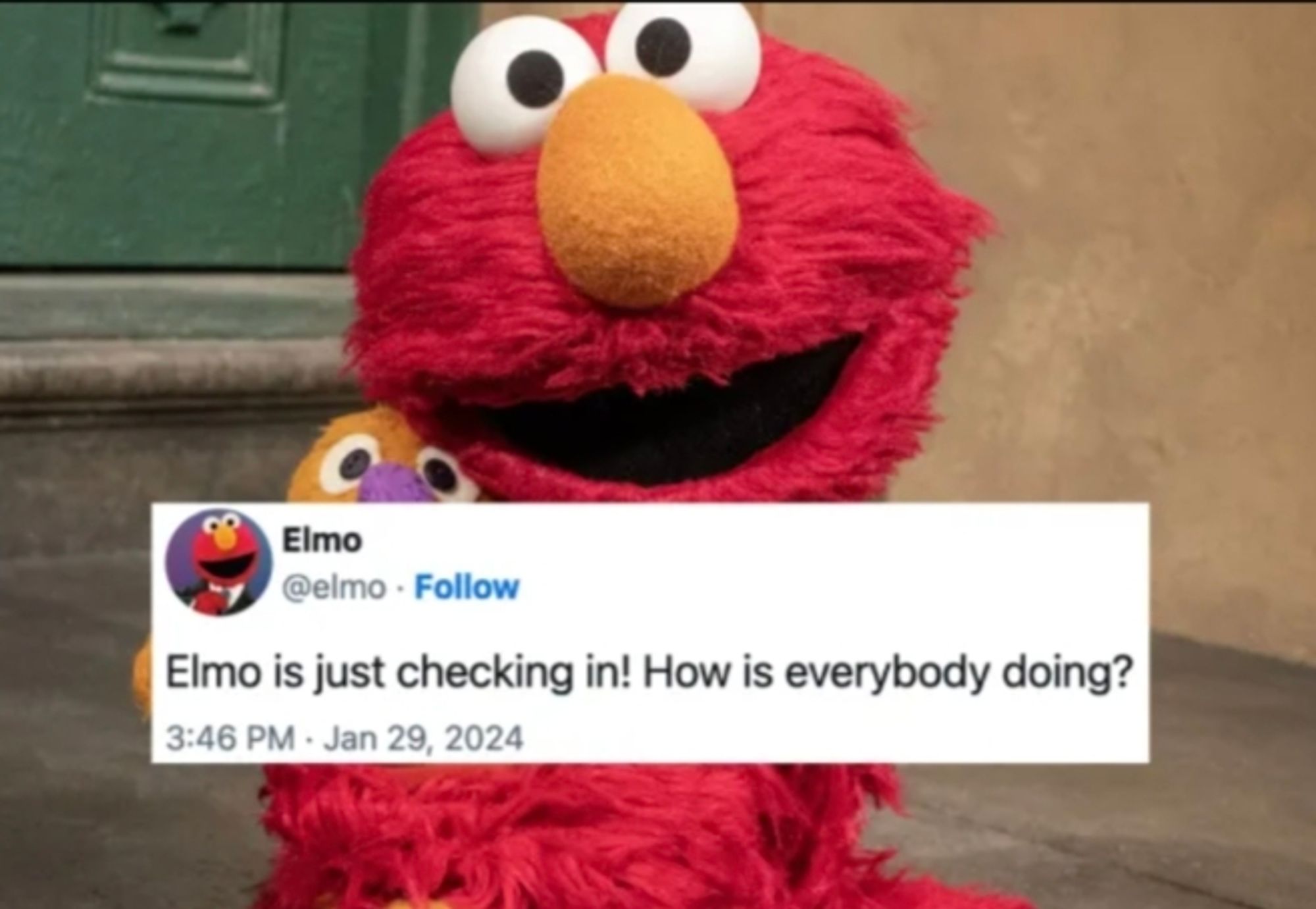 Elmo, holding a toy muppet, seated on a front stoop, with an Elmo tweet overlay that reads "Elmo is just checking in! How is everybody doing?"