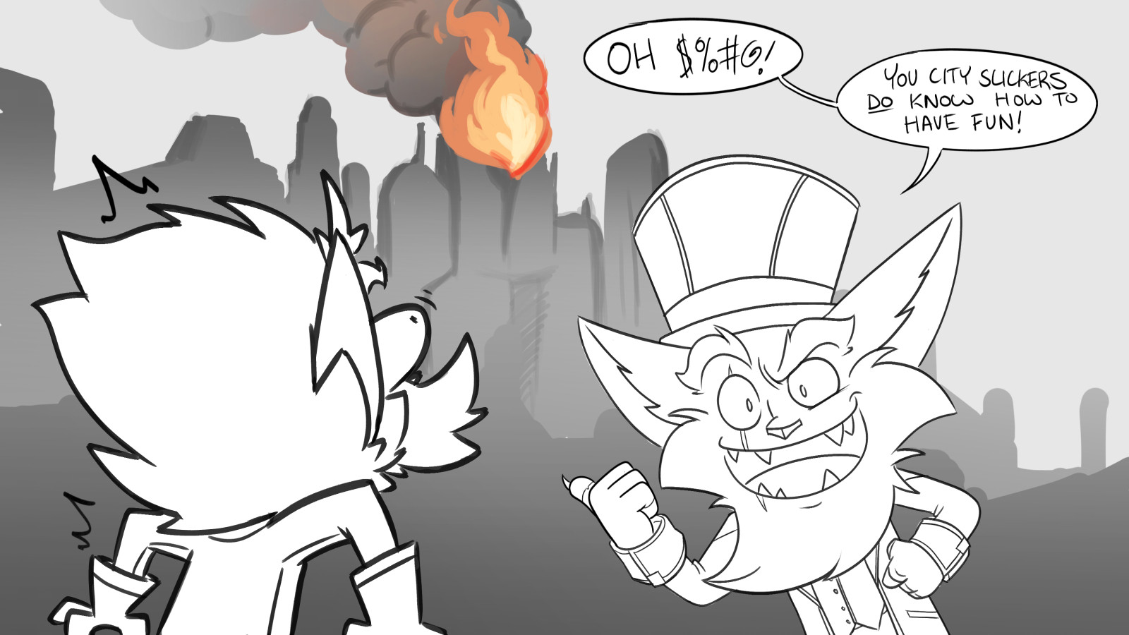 The council building is burning in the background. Kled's reminded of home sweet Noxus, while Heimer's stunned.